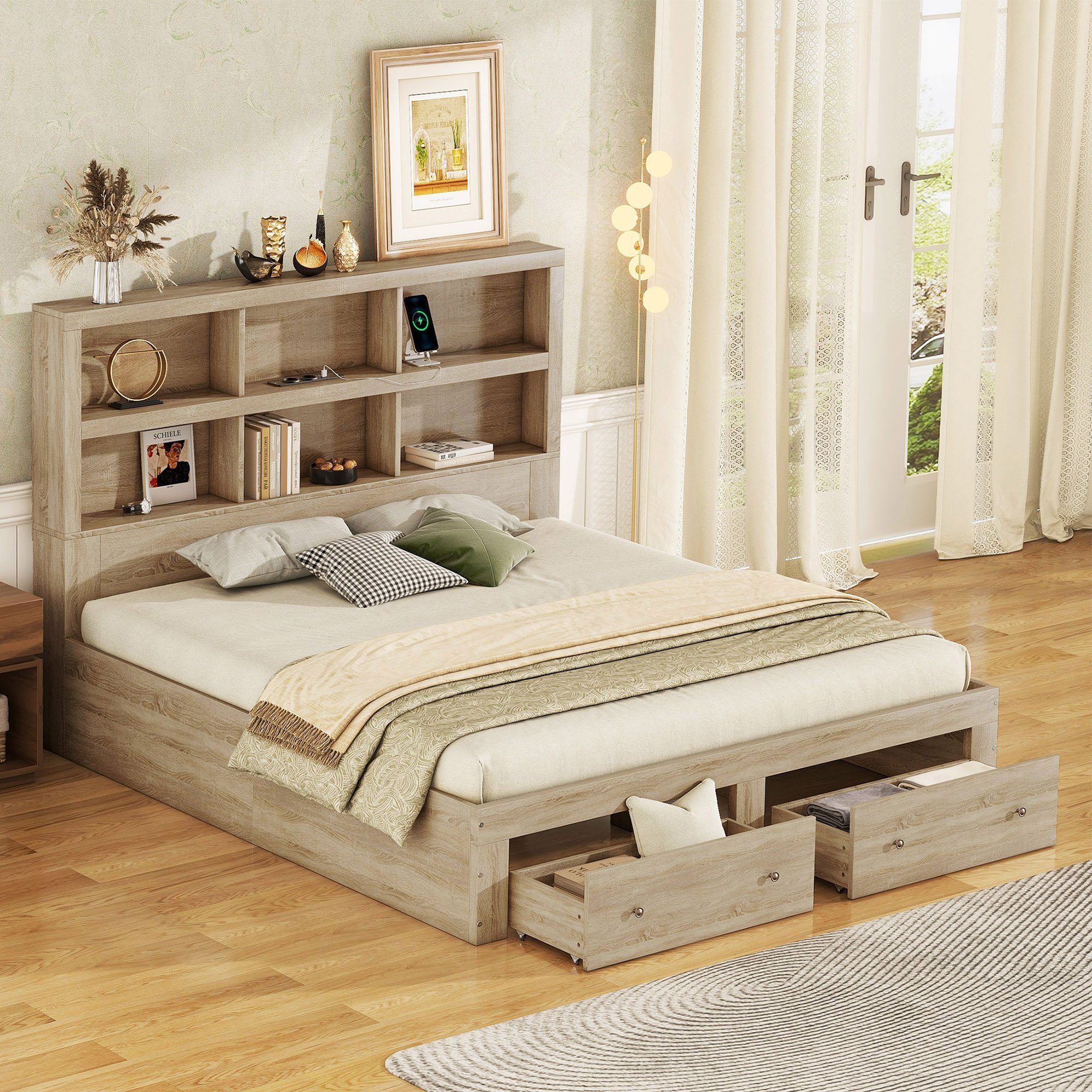 Flieks Holzbett, Doppelbett mit 2 Schubladen & USB Anschluss 160x200cm holzfarbe