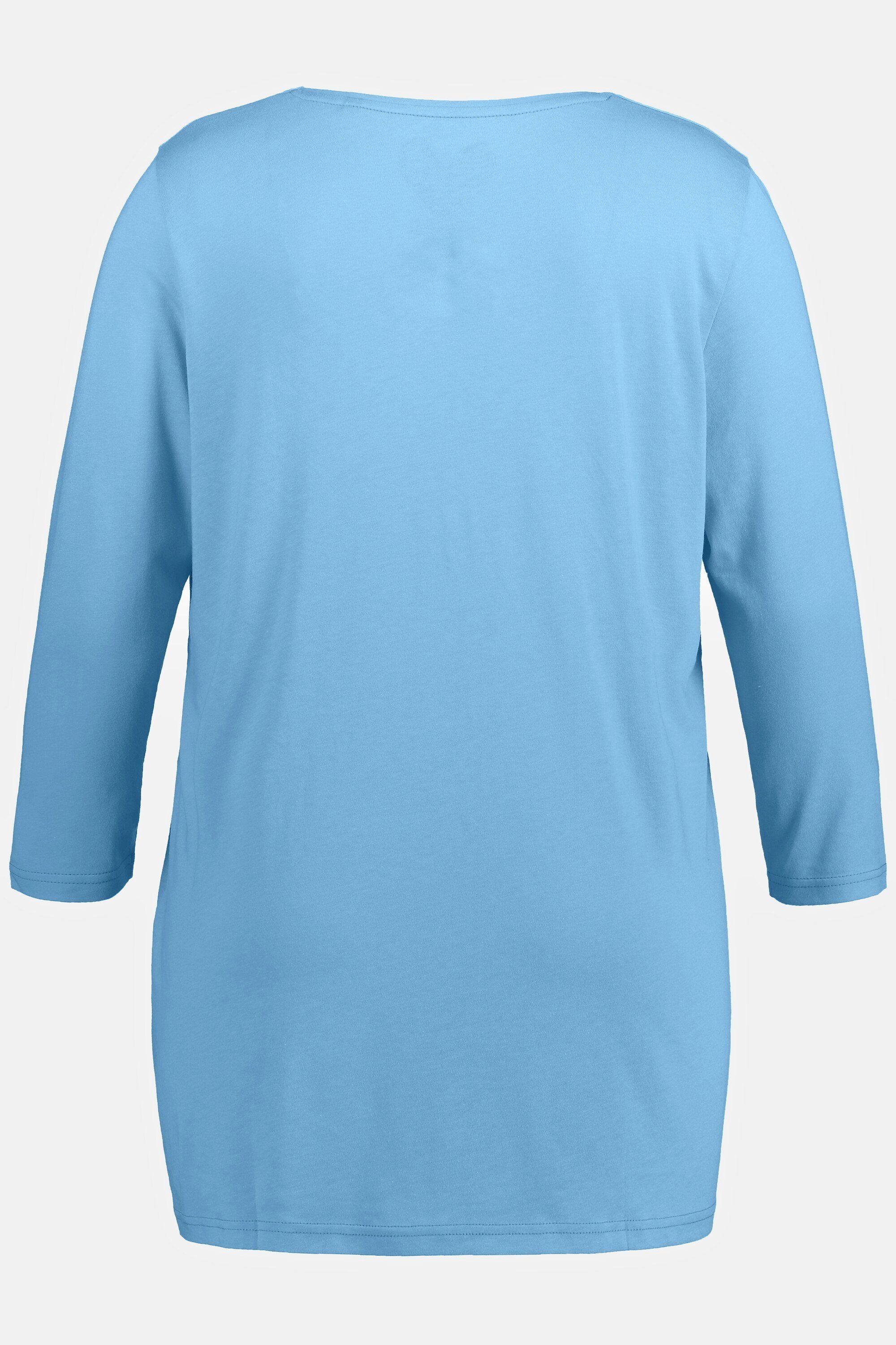 Zierfalten Ulla 3/4-Arm Popken Rundhals A-Linie Rundhalsshirt Shirt wasserfallblau