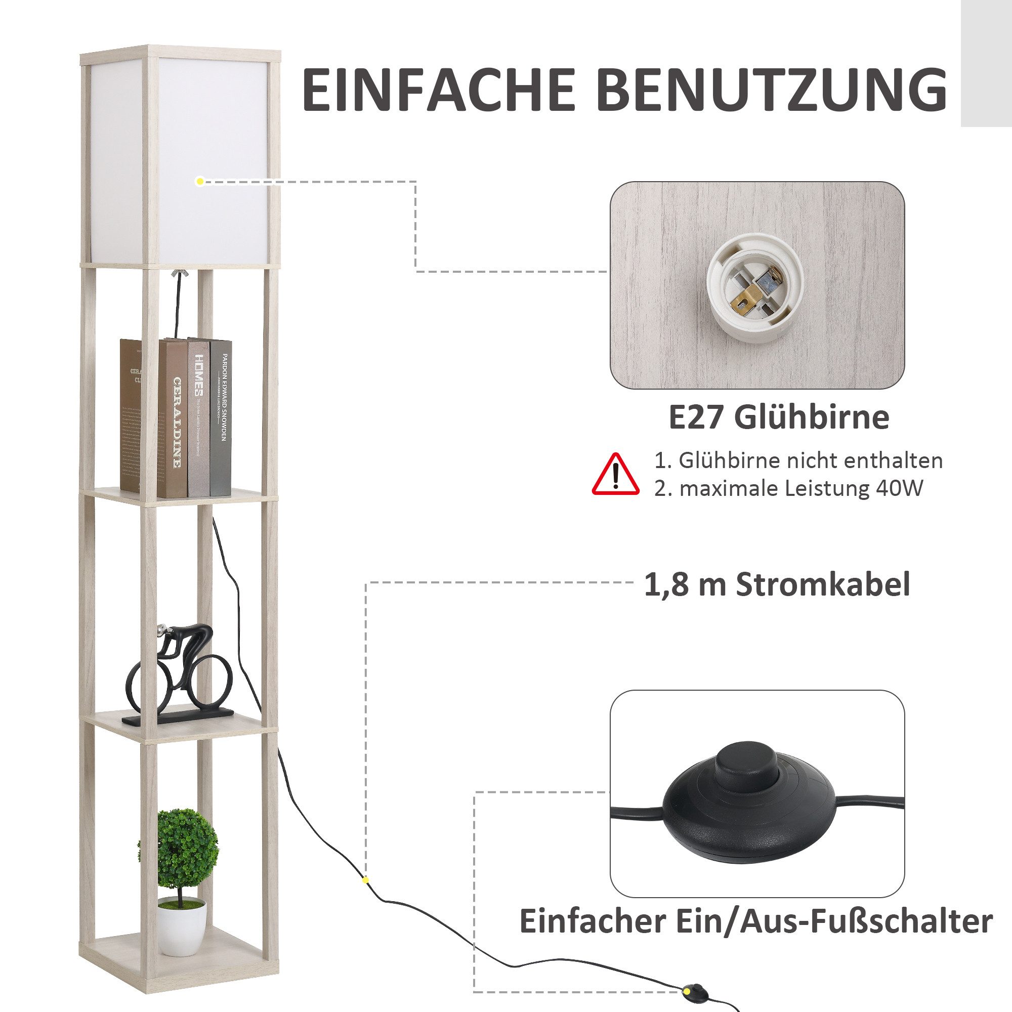 HOMCOM Stehlampe Stehlampe mit Regalen E27 40W Nachttischlampe Acryl Lampenschirm, Ablagefächer, Lichtquelle, Fußschalter, ohne Leuchtmittel, Stehlampe mit Abla – Bild 5 von 5