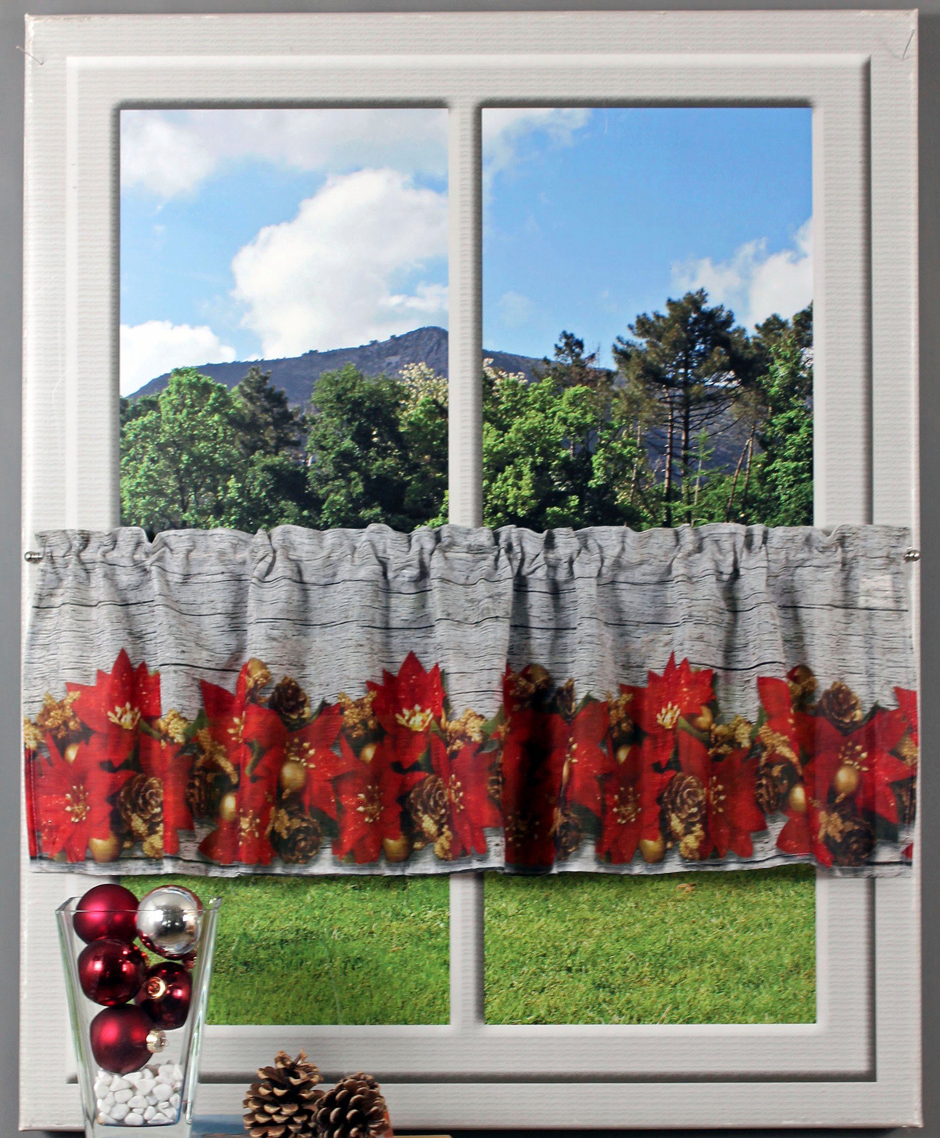 HOSSNER - ART OF HOME DECO Querbehang Weihnachtsstern (1 St), Stangendurchzug, halbtransparent, Organza, Hintergrund in Holzoptik