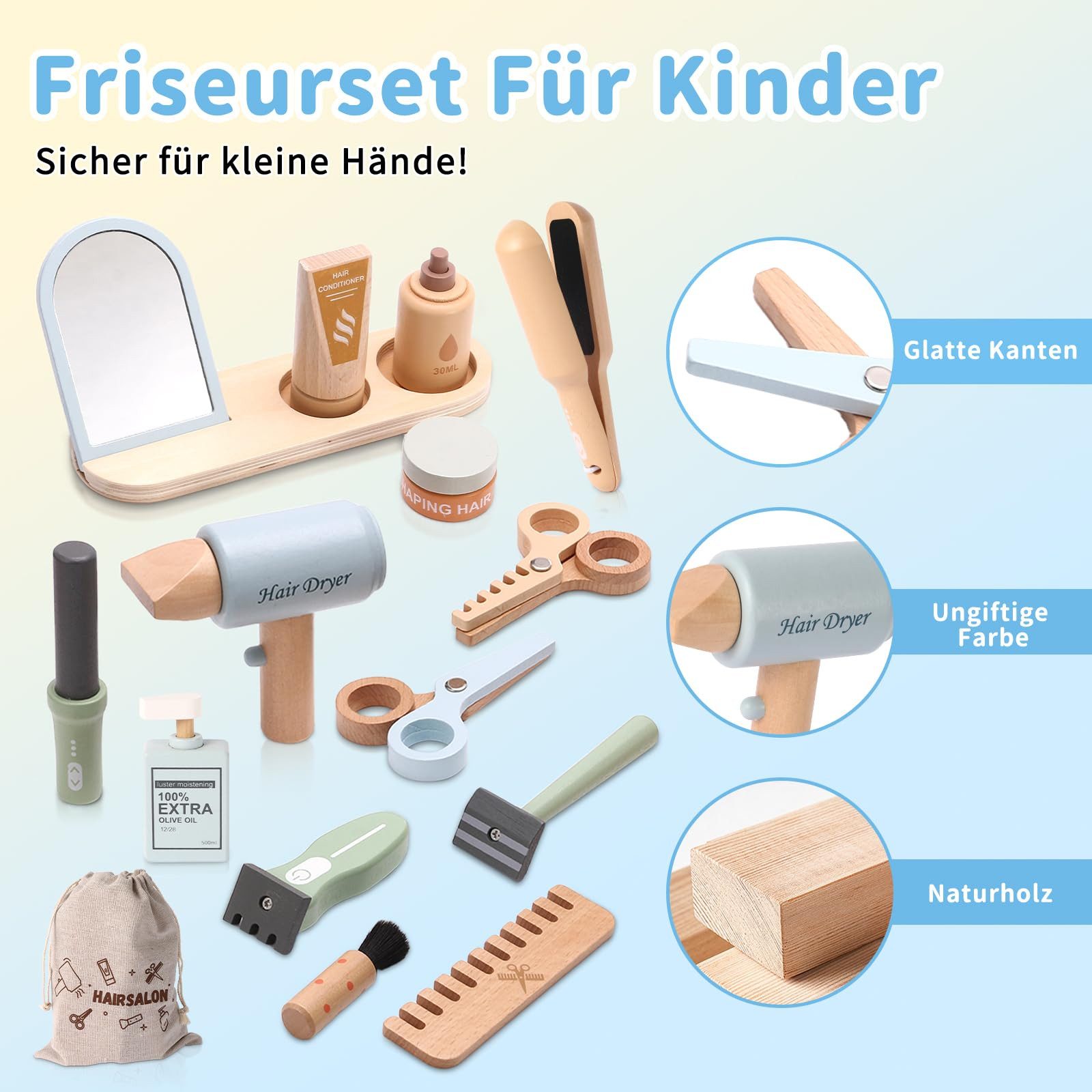 FOUORTUNATE-BEE Spielzeug-Frisierkoffer Holz-Friseur-Set für Kinder, Friseur Spielzeug, (als Geschenk für Mädchen und Jungen ab 3 Jahren)