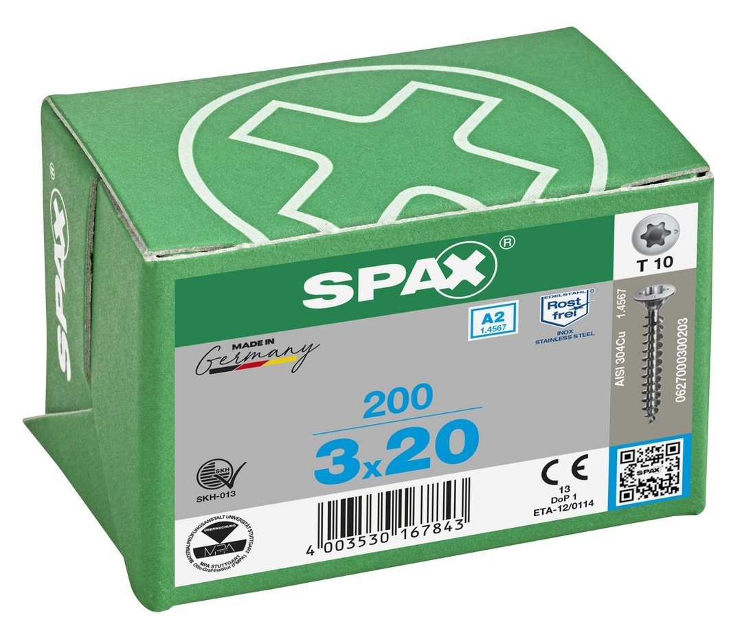 St), SPAX mm A2, Spanplattenschraube 3x20 200 (Edelstahl Edelstahlschraube,