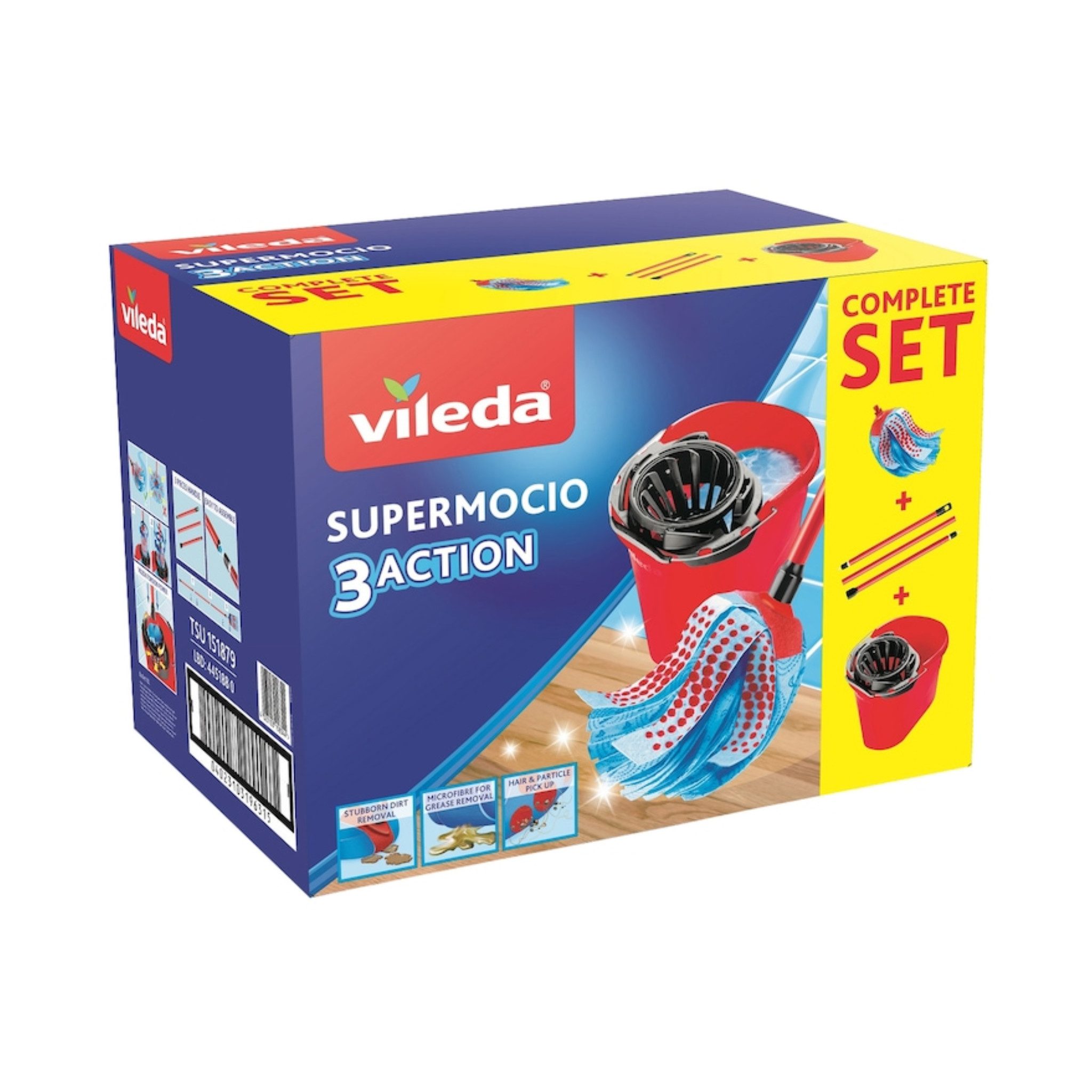 Vileda Reinigungs-Set SuperMocio 3 Action Komplett Set Wischmop mit Eimer, (Wischmop-Set von Vileda, 2-St., Komplett-Set Wischmop, Stiel und Eimer Auswringfunktion), 3-Action-Fasern, hohe Schmutzaufnahme, integrierte Auswringfunktion