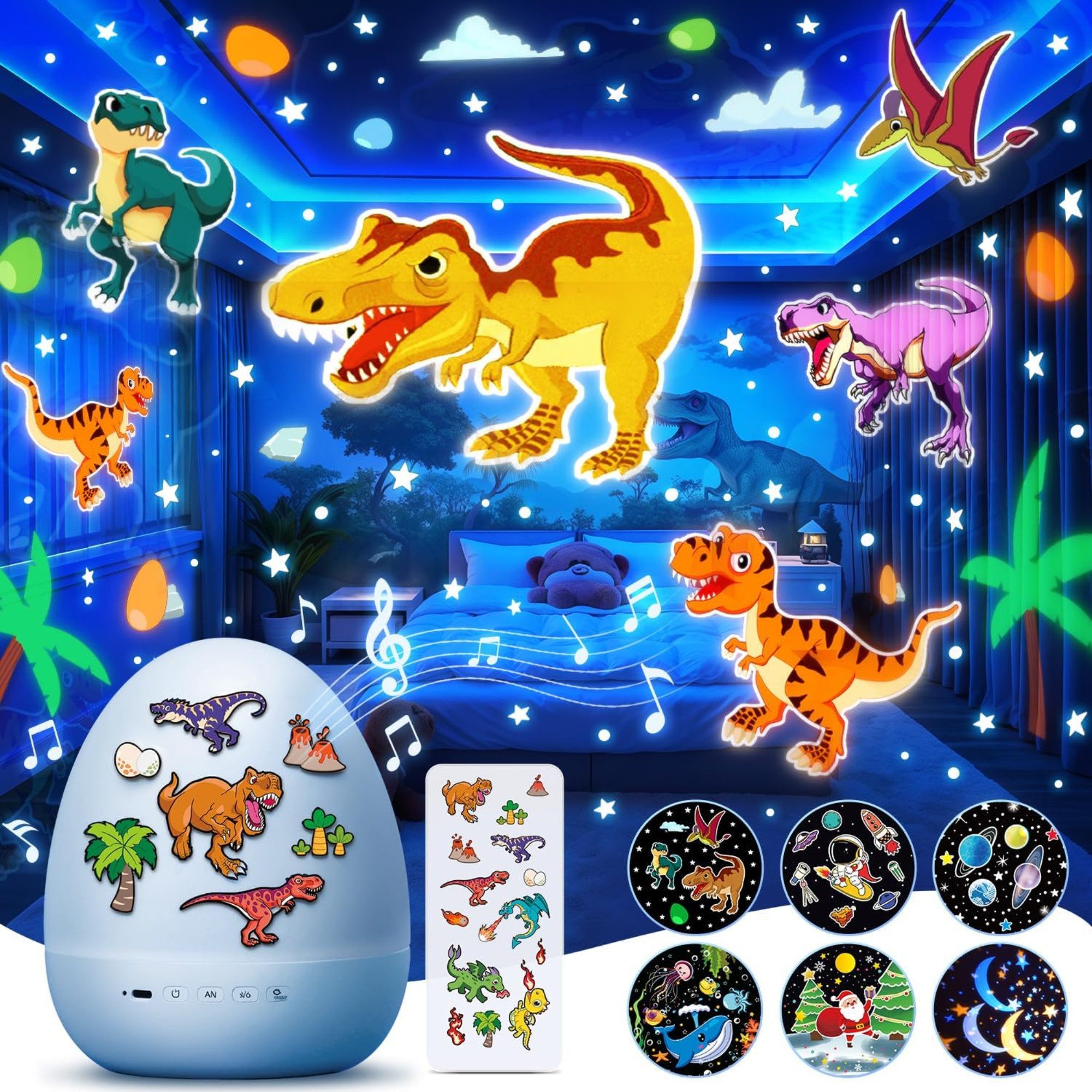 Vivitar LED-Sternenhimmel Dino-Ei-Projektor für Kinder, Nachtlicht mit 12 Projektionsfolien, Geschenk für Jungen und Mädchen, 360°-Drehung, 7 Farben, 15 Melodien und beruhigenden Klängen, 1200-mAh-Akku, aufladbar über USB-C, 15/30-Minuten-Timer, DIY-Dinosaurier-Ei mit Aufklebern zum Gestalten, Fernbedienung Nachtlicht für das Kinderzimmer, Weltraum-Projektor