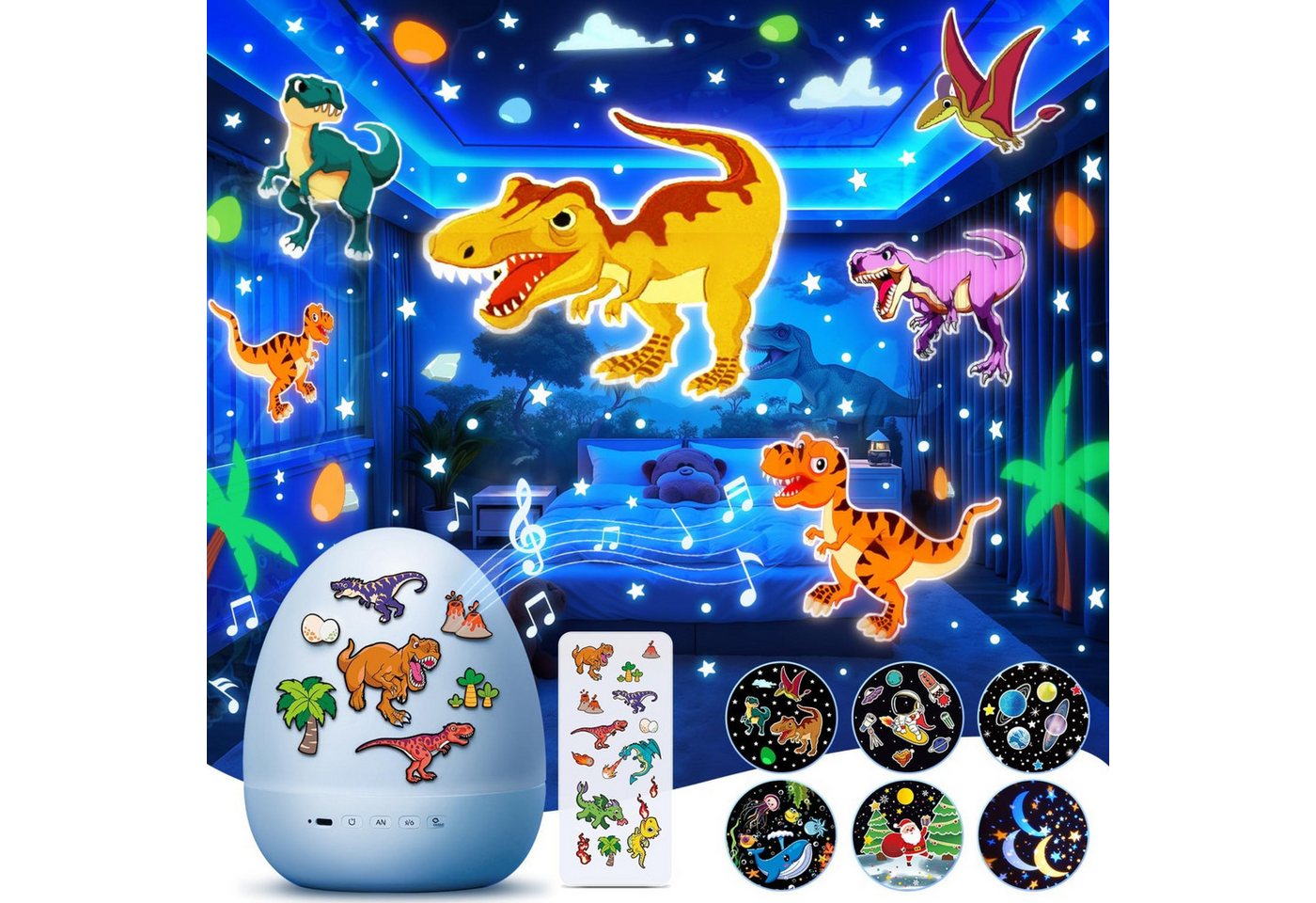 Vivitar LED-Sternenhimmel Dino-Ei-Projektor für Kinder, Nachtlicht mit 12 Projektionsfolien, Geschenk für Jungen und Mädchen, 360°-Drehung, 7 Farben, 15 Melodien und beruhigenden Klängen, 1200-mAh-Akku, aufladbar über USB-C, 15/30-Minuten-Timer, DIY-Dinos