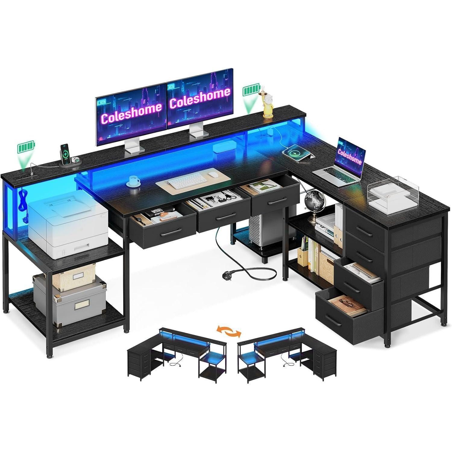 LuxusKollektion Eckschreibtisch Gaming Tisch 7 Schubladen RGB LED Eckschrei günstig online kaufen