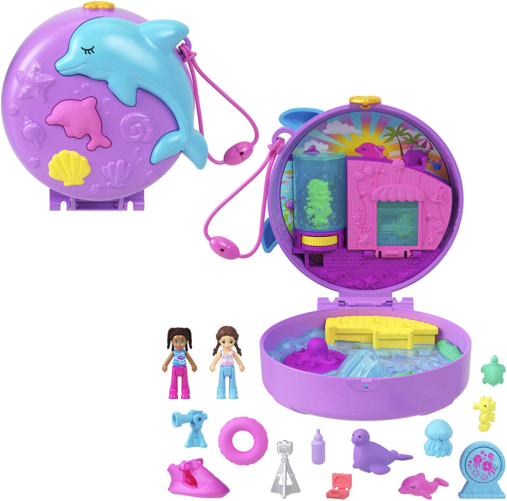 Polly Pocket Spielwelt Delfin Retten Schatulle, mit 2 kleinen Puppen
