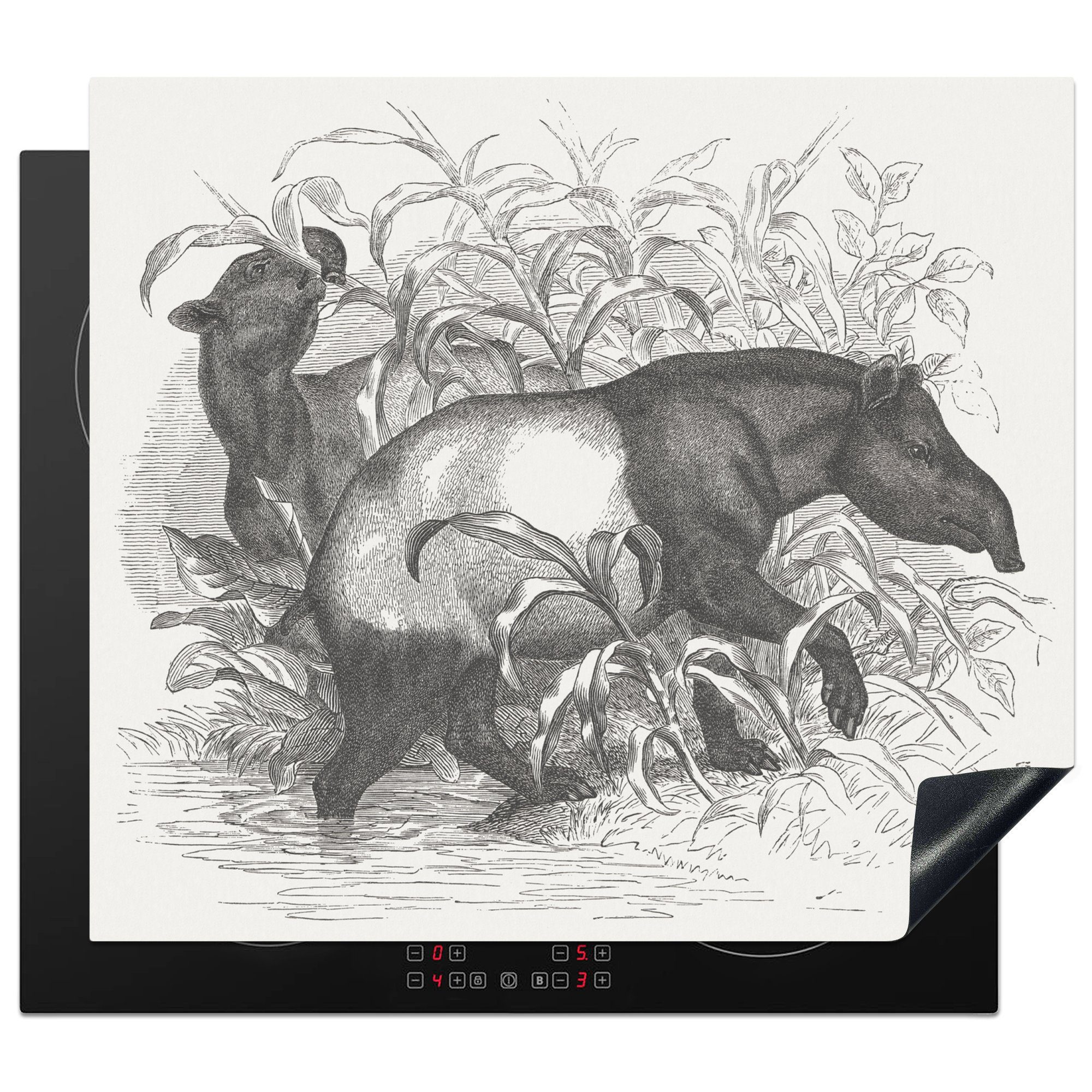 MuchoWow Herdblende-/Abdeckplatte Illustration eines Tapirs in einer natürlichen Umgebung, Vinyl, (1 tlg), 60x52 cm, Mobile Arbeitsfläche nutzbar, Ceranfeldabdeckung