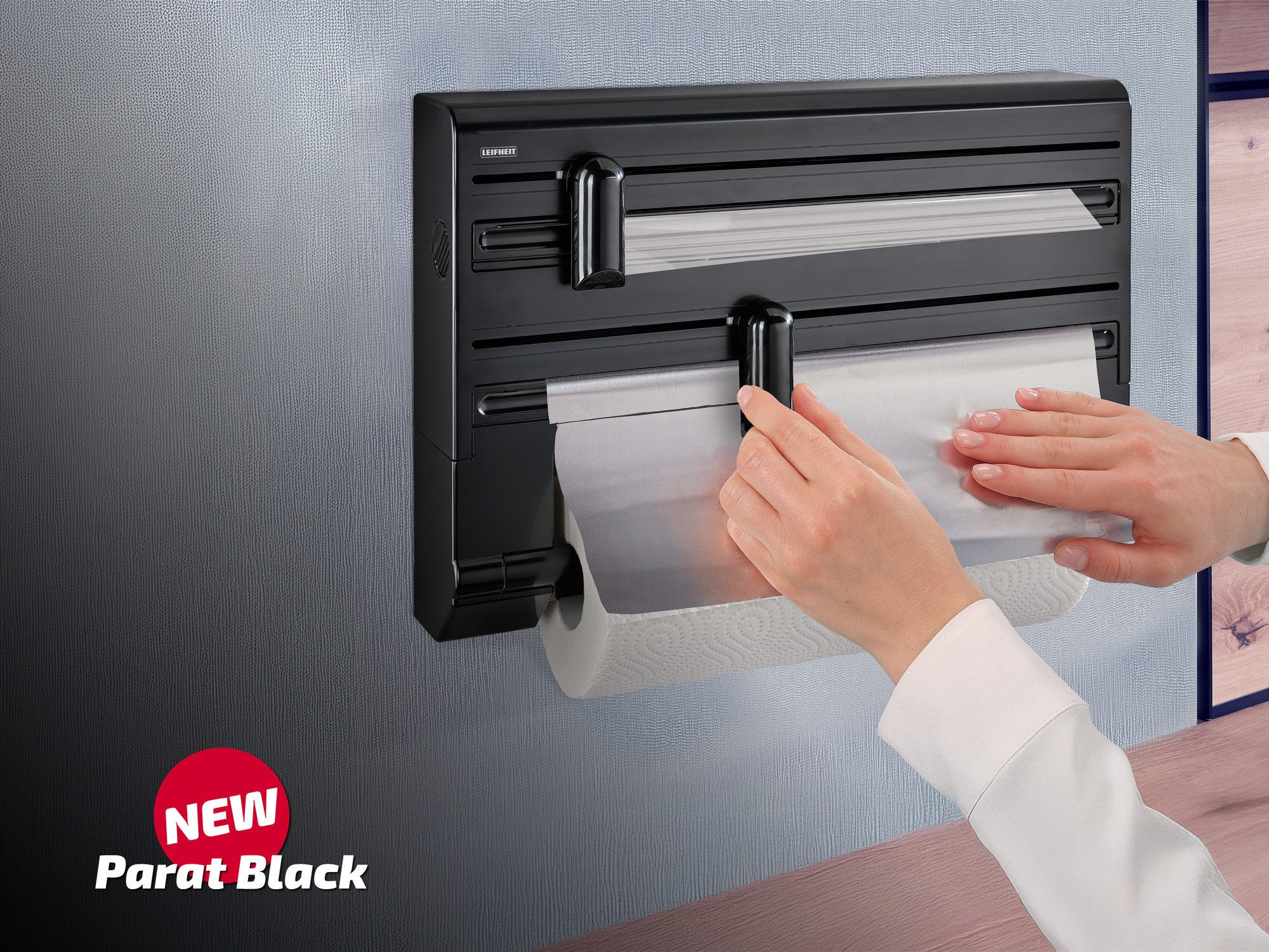 Leifheit Wandrollenhalter Wandrollenhalter Parat Black, (1-St), Für 3 Rollen, messerscharfe Klingen, modernes Design – Bild 5 von 5