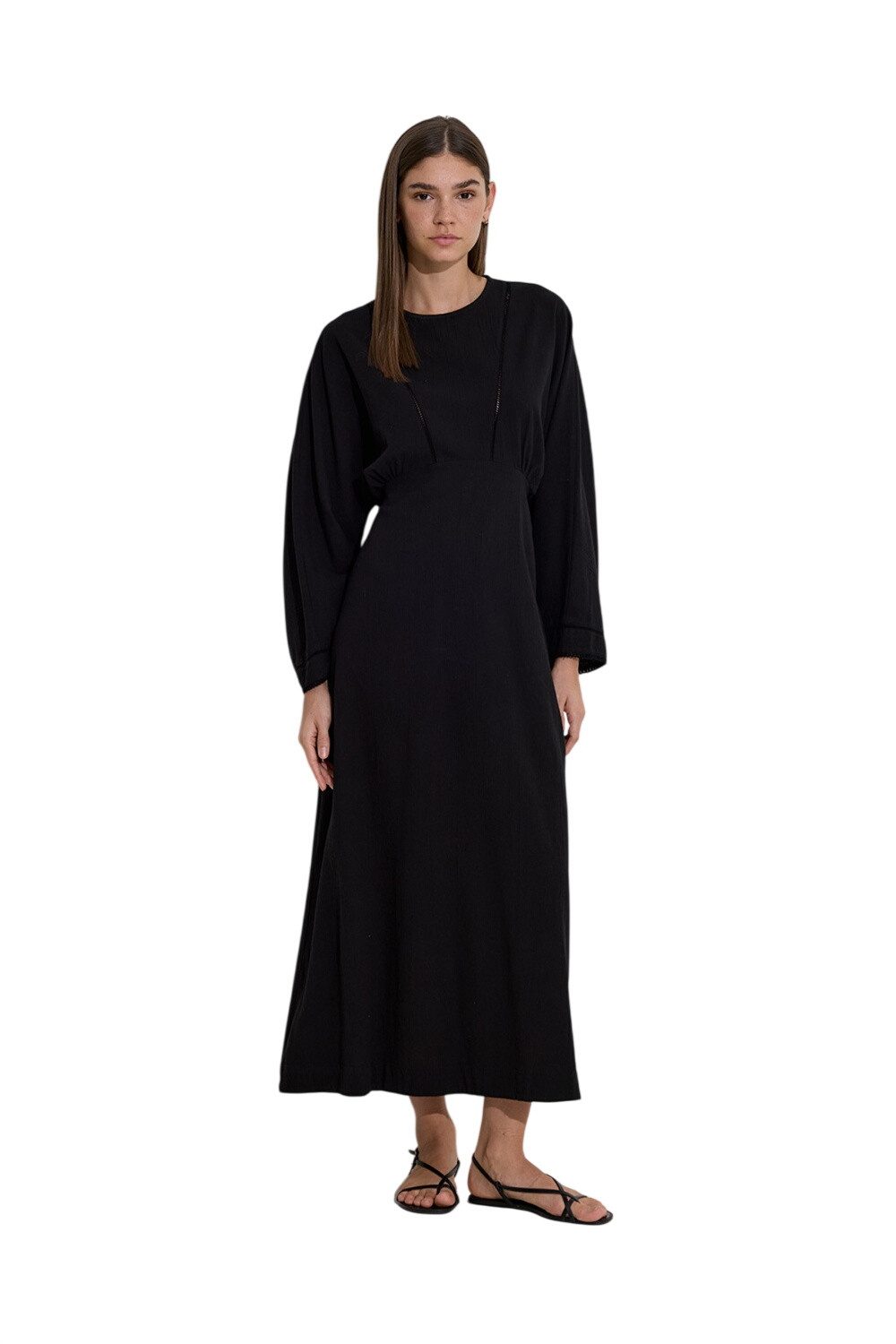 MANUKA Midikleid SCHWARZES KLEID MIT STREIFENVERKLEIDUNG IN STRUKTUR.