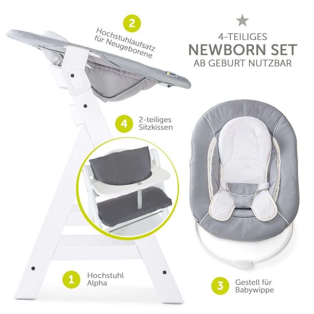 für Babystuhl 4 Geburt White ab Sitzauflage Newborn inkl. Aufsatz Hauck Set Holz (Set, Neugeborene Alpha - St), Hochstuhl Plus &