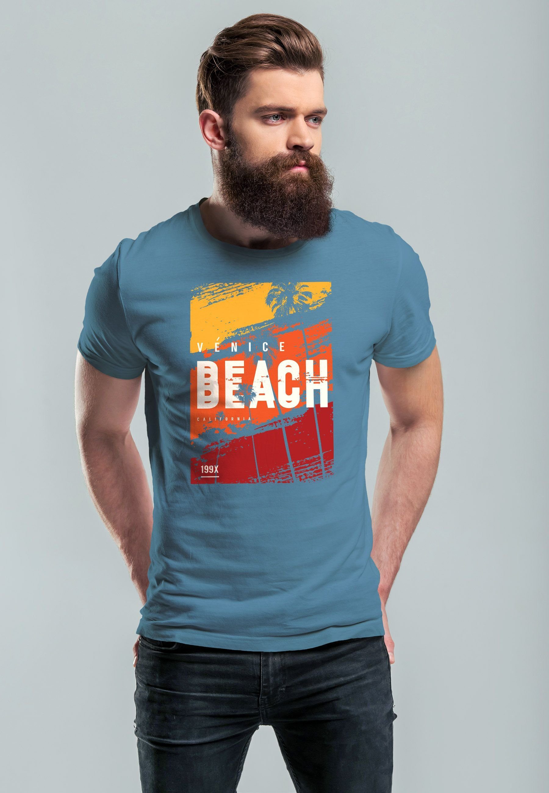 Surfing Strand Motiv stone Herren Print-Shirt blue T-Shirt Beach mit Neverless Sommer Print Palme Venice Aufdruck