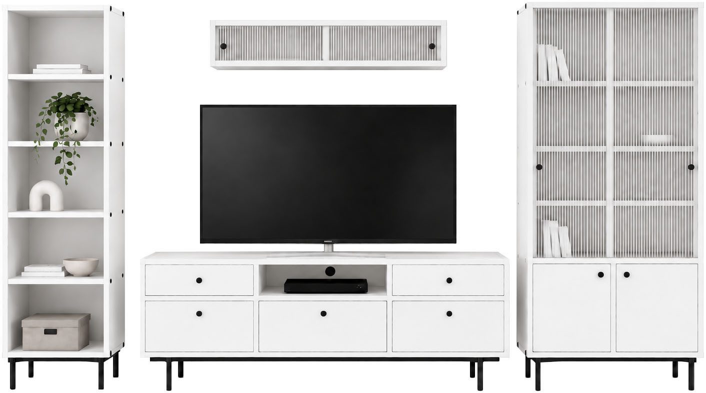 Home affaire Wohnwand Arrocco: 4-teilige Wohnwang, Wohnzimmer, viel Stautraum,5 Schubladen, (4-St., TV Schrank, Regal, Vitrine, Hängeschrank), Design-Set mit schwarzen Akzenten, z. B. Griffen & Kabeldurchführung