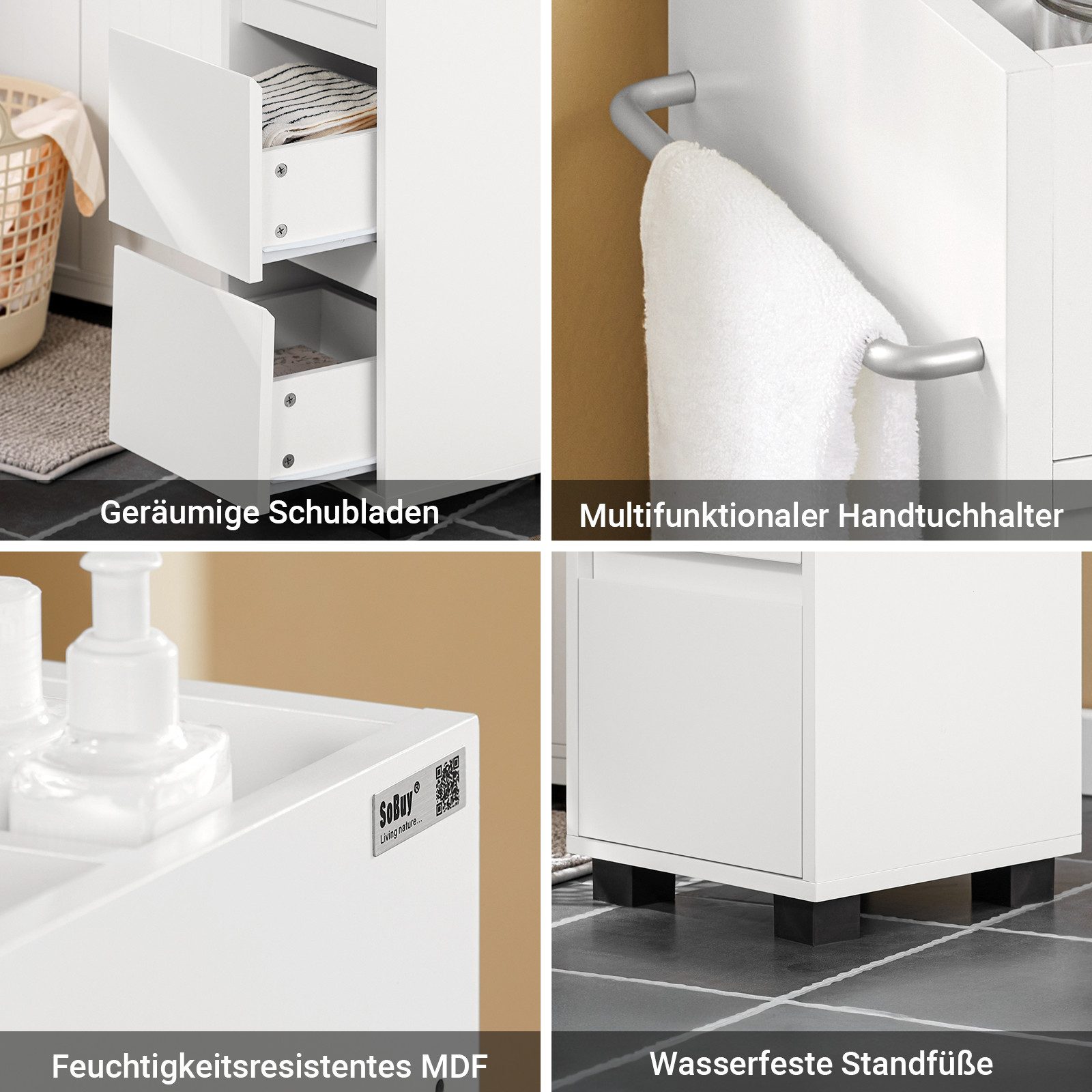 SoBuy Midischrank BZR29, Badschrank schmal, Badezimmerschrank Badkommode Beistellschrank Midischrank Kommode mit 3 Schubladen und 4 Fächern, Badezimmer
