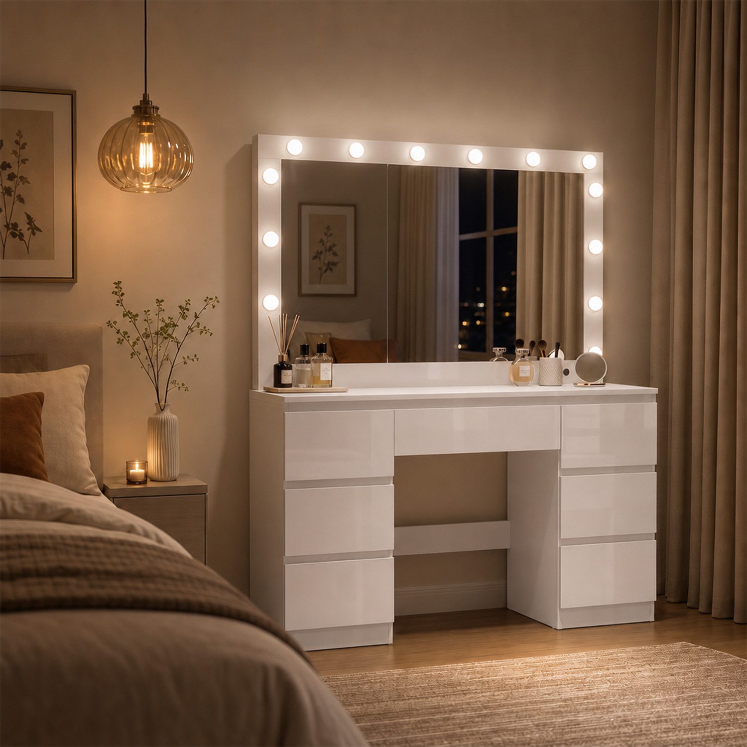 HOMALL Schminktisch mit großem Spiegel, 120 cm, 7 Schubladen, Schmuckschrank (XXL-Spiegel 106×51 cm (30×51 aufklappbar m. Schmuckschrank) · 120 cm · 7 Schubladen · LED-Birne · 2 Steckdosen+USB/Type-C · E1-MDF · 2 Farben · Hocker opt)