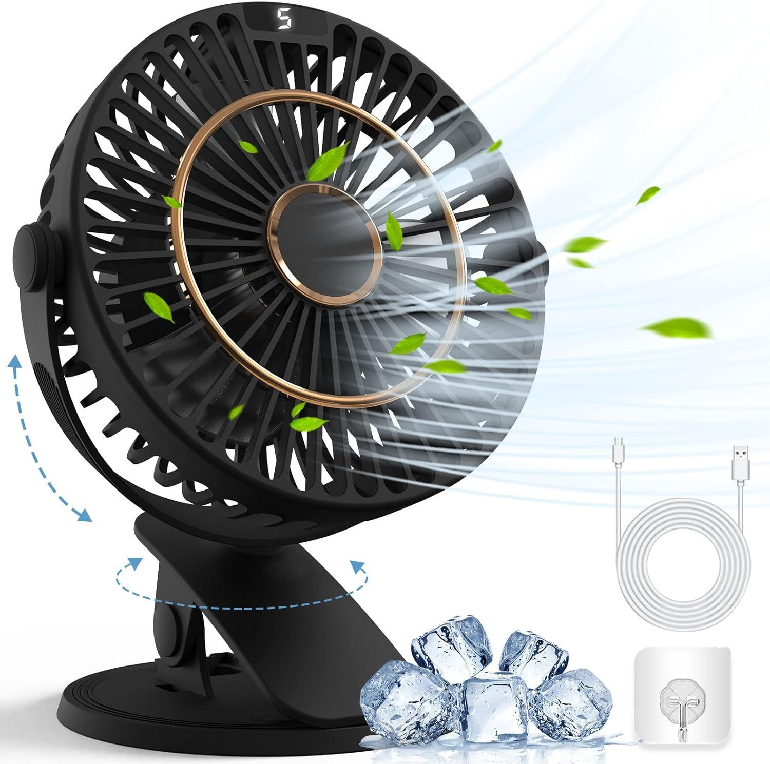 FELIXLEO Tischventilator Mini USB Clip Ventilator Leise, Tischventilator mit LED Anzeige