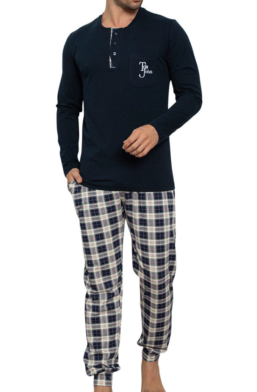 Nachtwäs Herren Pyjama Hausanzug Pyjama 2 Dunkelblau kariert (Set, LOREZA Baumwolle langarm Schlafanzug tlg)