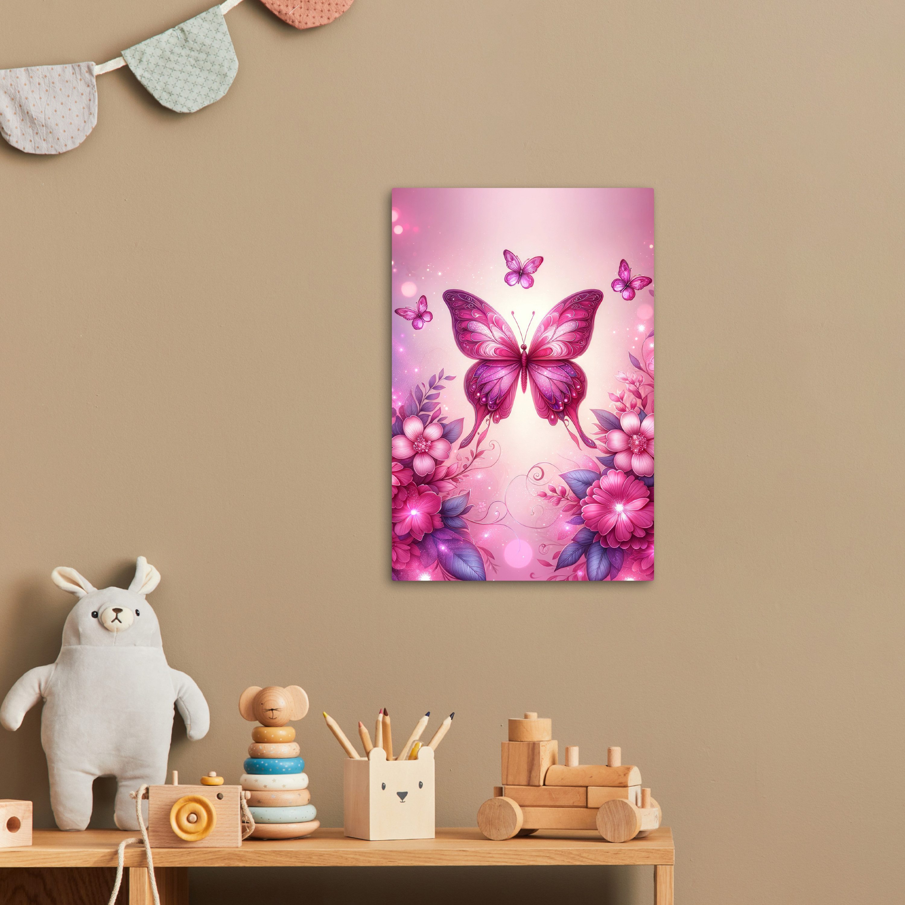 OneMillionCanvasses® Leinwandbild Schmetterling - Rosa - Blumen, Fotodruck (1 St), Kinderzimmer Deko, Mädchen und Jungen Bilder 20x30 cm