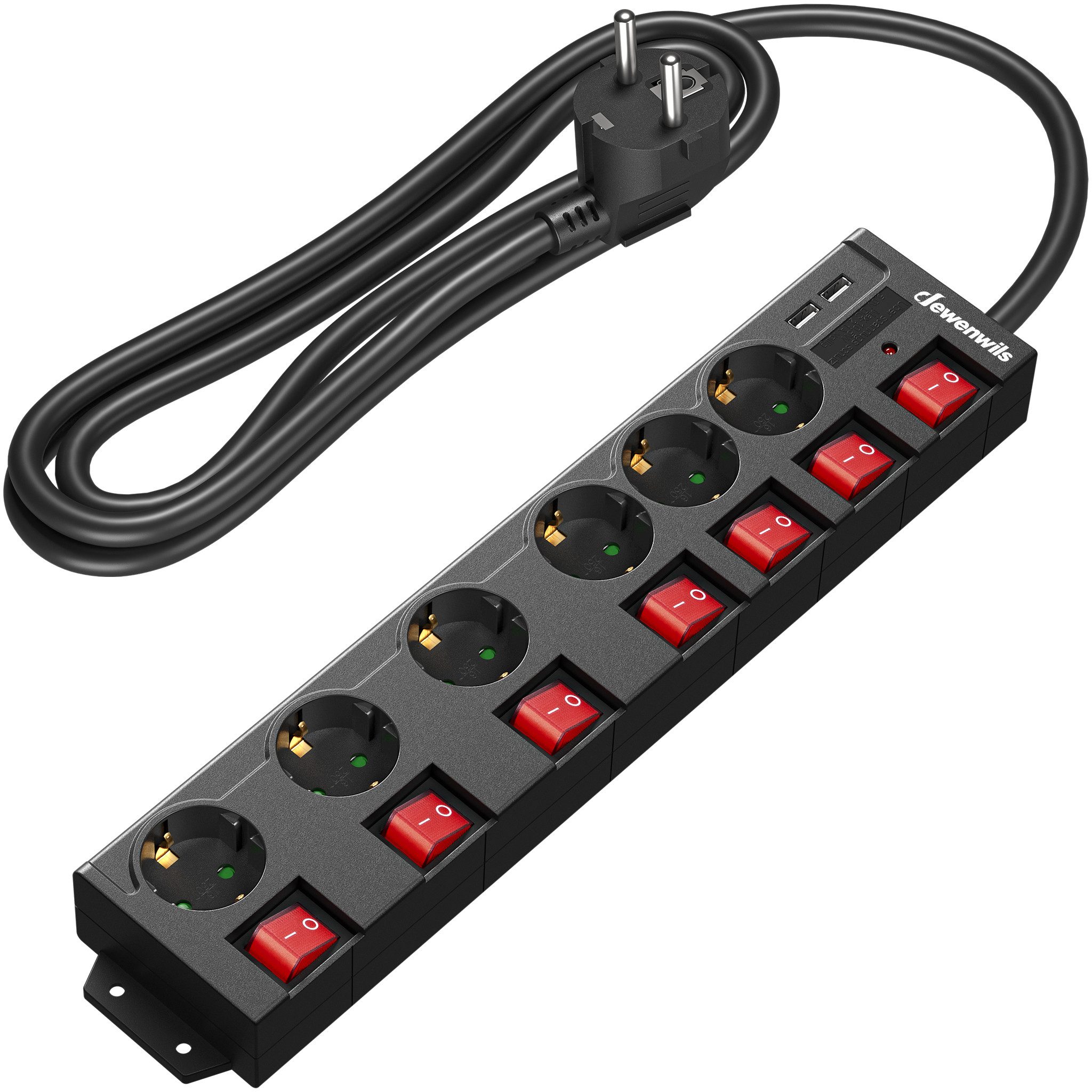 DEWENWILS Розеткиleiste 6-fach (USB-Anschlüsse, Kindersicherung, Überspannungsschutz, Kabellänge 2 m), Розеткиleiste einzeln schaltbar mit USB, 90° Gedreht