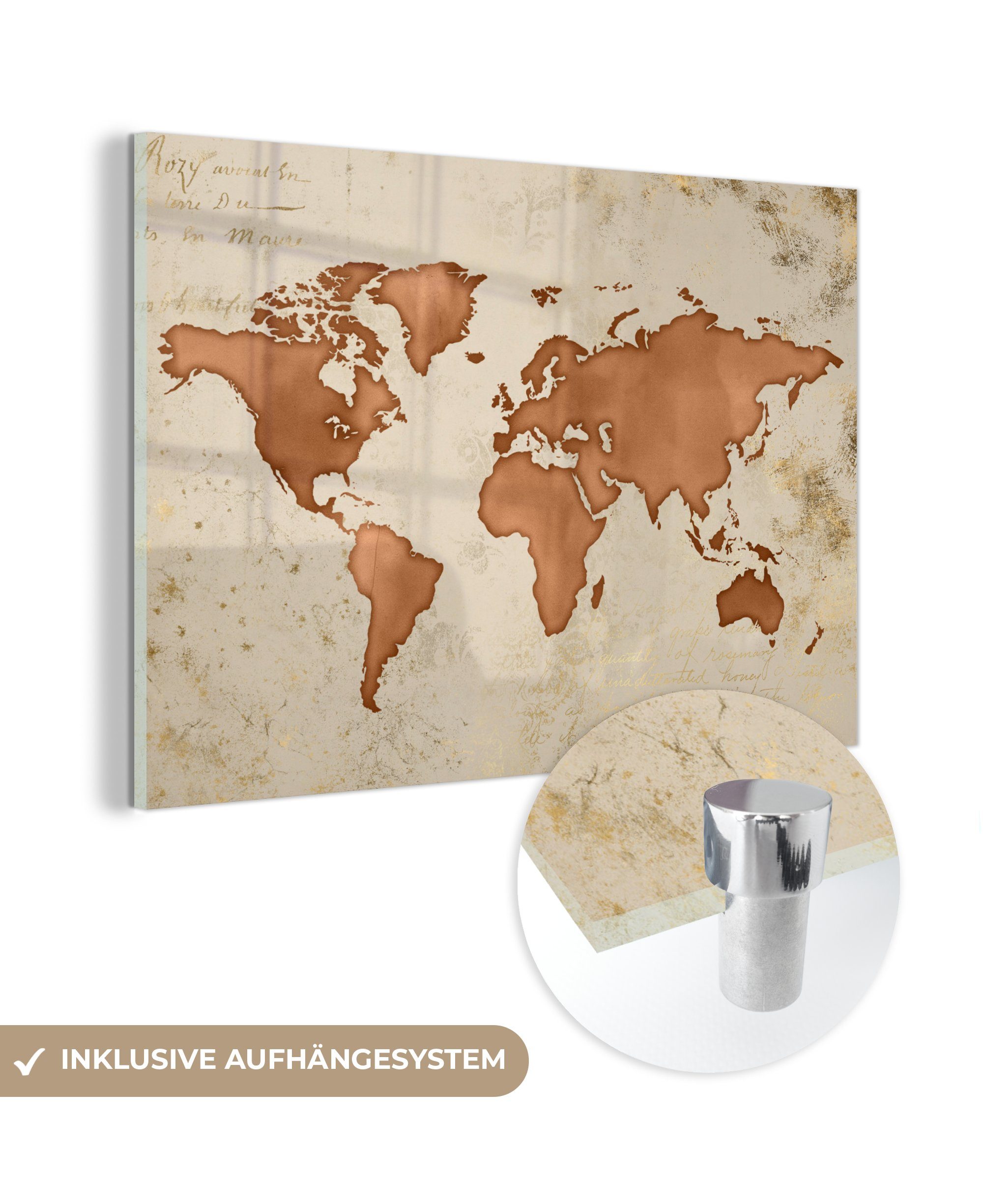 MuchoWow Acrylglasbild Weltkarte - auf - Glasbilder - Papyrus Kupfer, Wandbild Wanddekoration (1 - Glas auf - Bilder Glas Foto St)