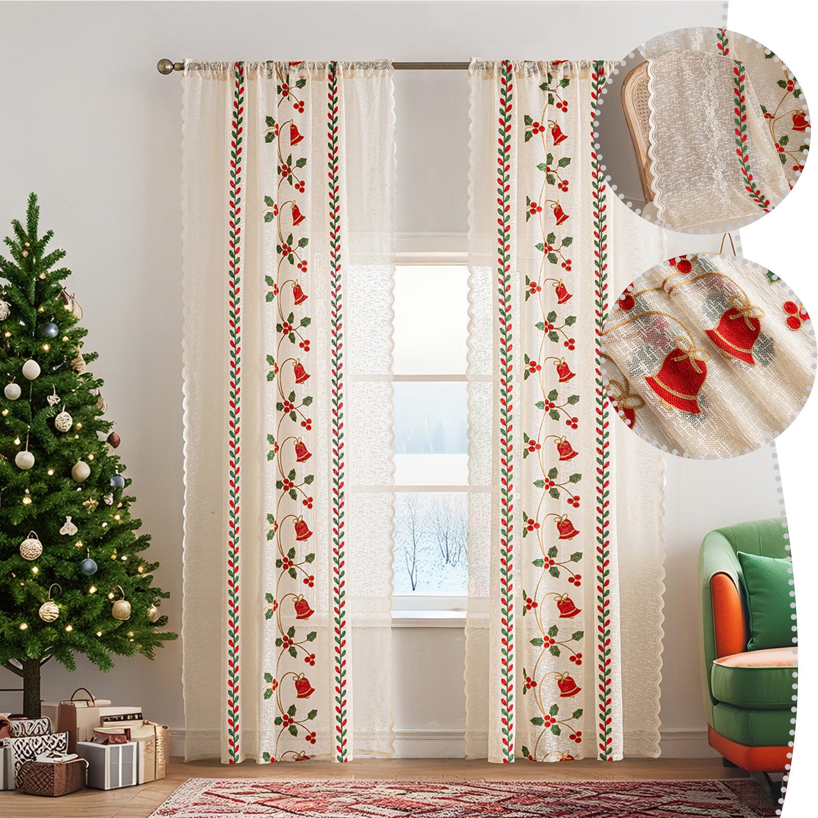 BTTO V&G Vorhang Creme Gaze Vorhang mit Weihnachtsstickerei,Transparenter G günstig online kaufen