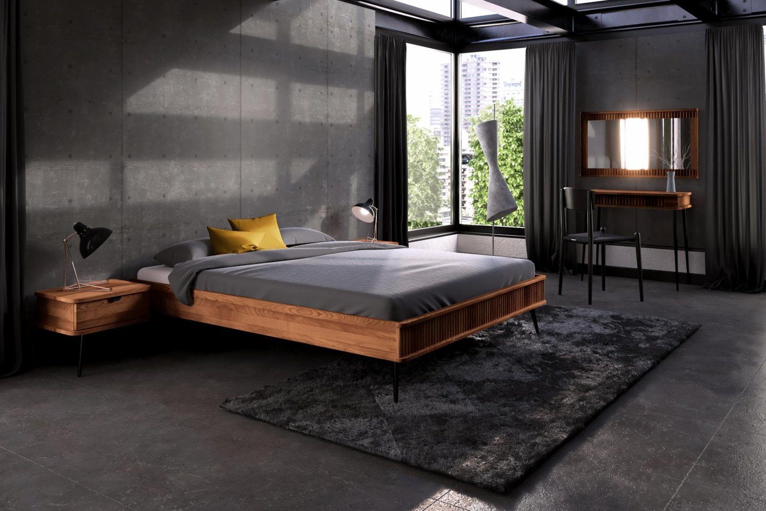 Natur24 Einzelbett Bett Tula 3 Kernbuche massiv 160x200cm Metallbeine Kopfteil ohne