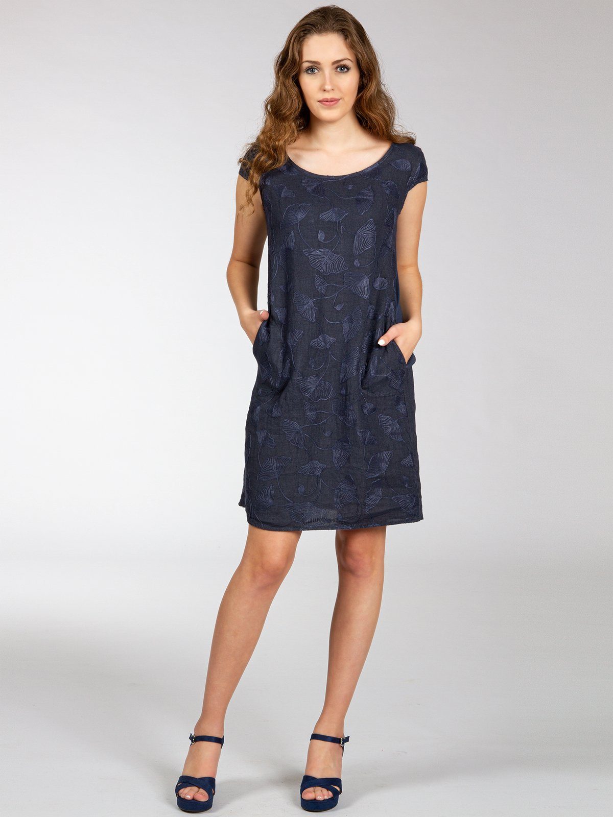 Caspar Sommerkleid SKL031 knielanges Damen Sommer Leinenkleid mit Ginko Bla günstig online kaufen