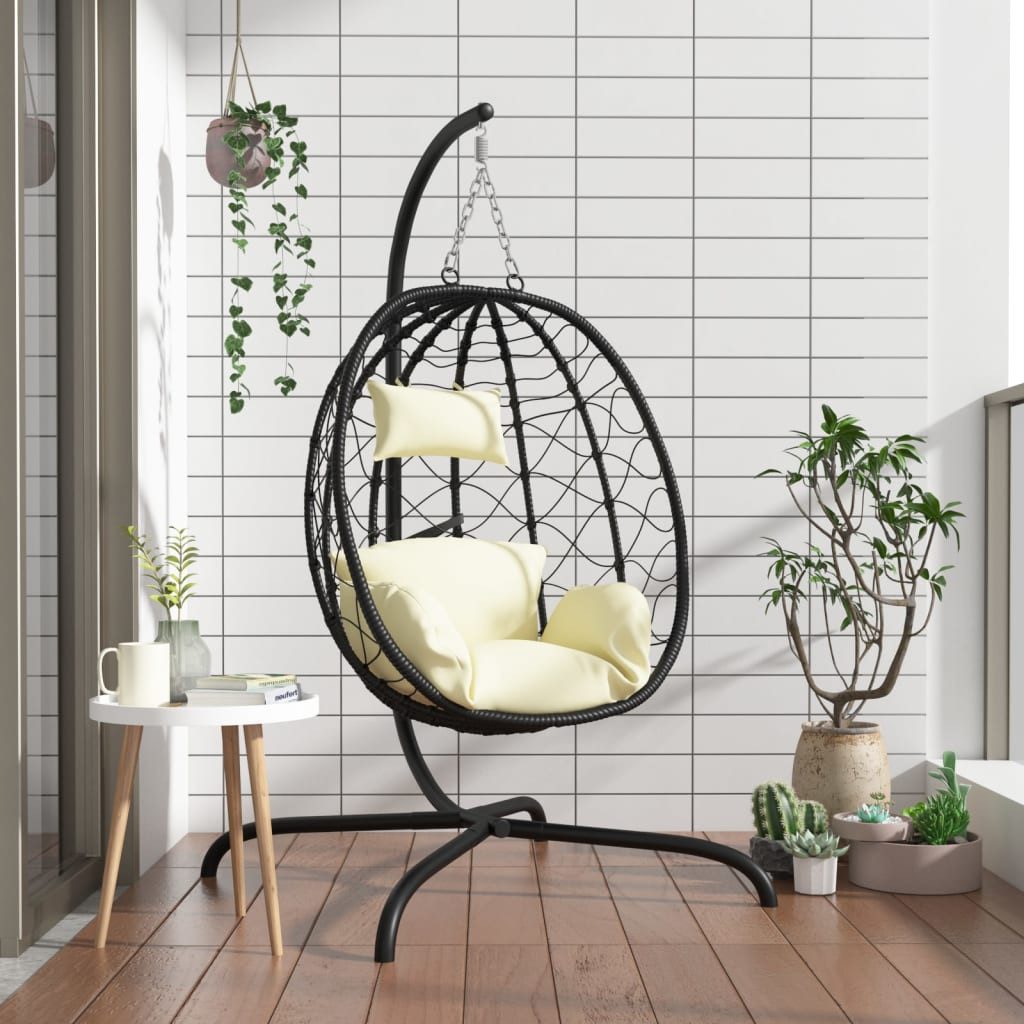 furnicato Hängestuhl Hängesessel Schwarz 106 x 103 x 195 cm mit Cremeweißem Kissen (1 St), Wetterfester Ei-Sessel mit stabilem Gestell und weichem Kopfkissen