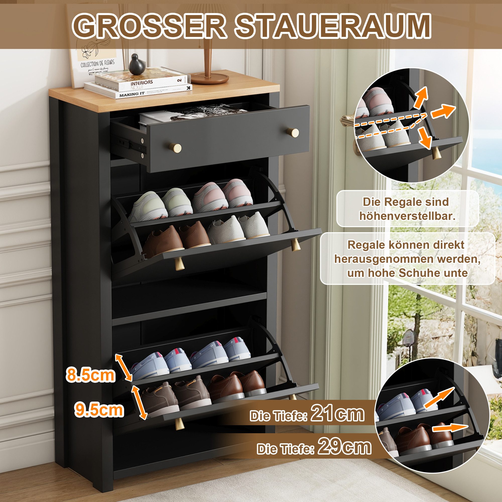 Merax Schuhschrank mit 2 Klappen und Schublade, Schmaler Schuhkommode (1-St., Schuhkipper mit Verstellbare Einlegeböden) Flur Aufbewahrungsschrank – Bild 5 von 5