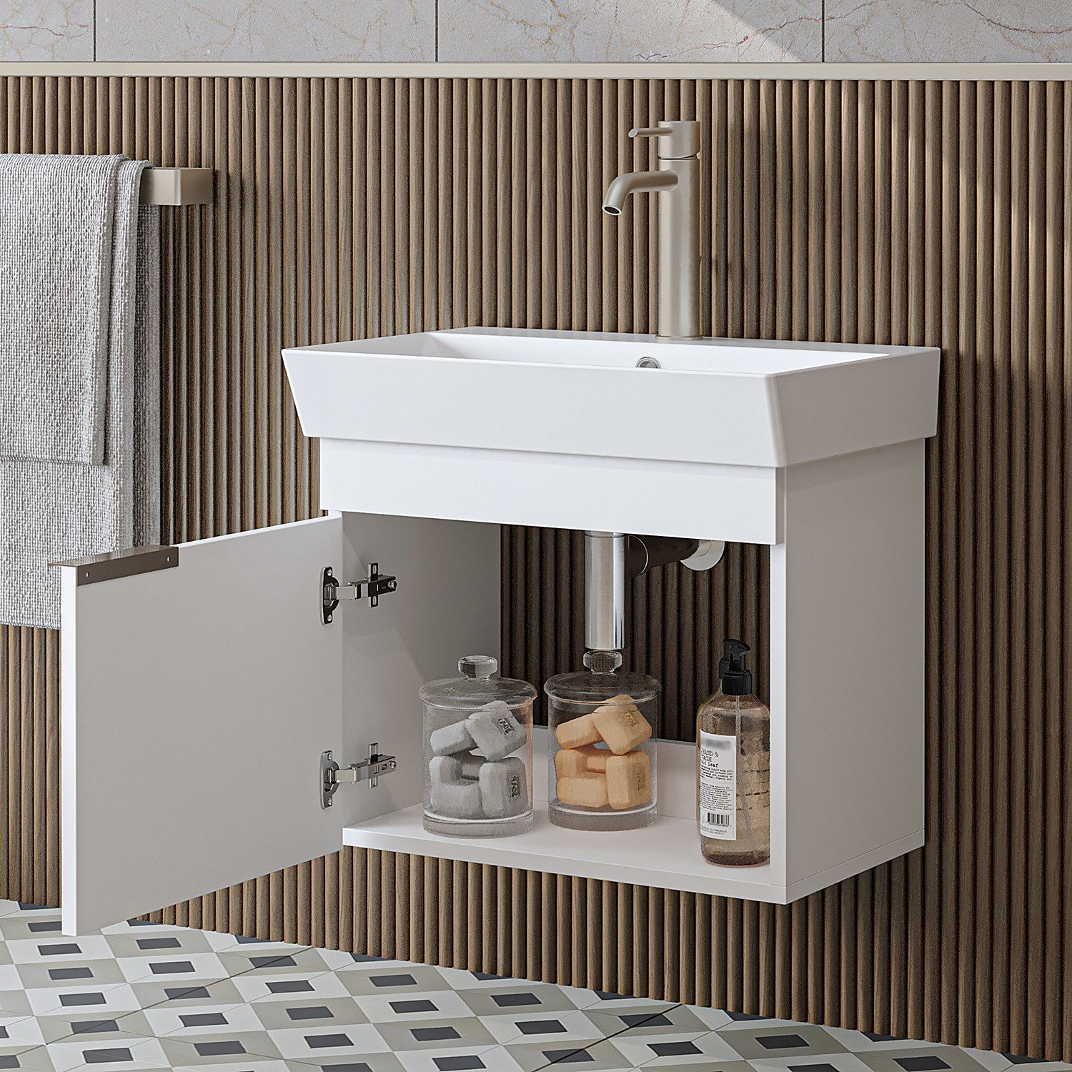 Roomart Waschbeckenunterschrank LYCIA 60 cm hängend, Keramikbecken inkl., Soft-Close, 4 Farben (Set) Soft-Close-Tür, nur 32 cm tief, Wandmontage, Waschbecken, 4 Farben