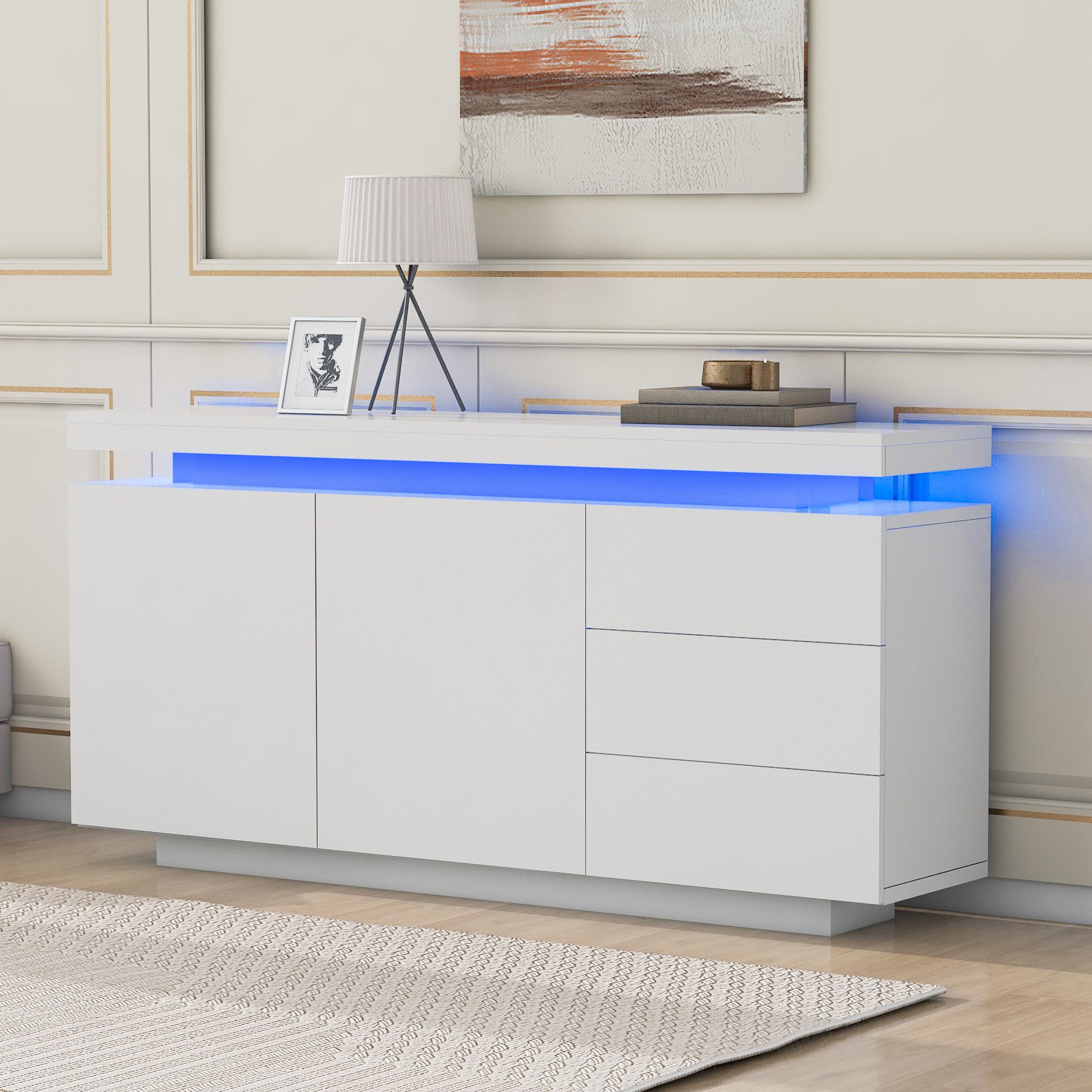 MODFU Anrichte Anrichte Schubladenkommode Kommode (hochglanz mit LED inkl., Schubkastenkommode, Kommode aus Holz mit 4 Fächern und 3 Schubladen), Beistellschrank, Breite 140cm