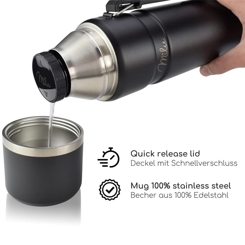 Milu Isolierkanne Thermoskanne Edelstahl 1 L, isoliert mit Griff, auslaufsicher, Isolierflasche