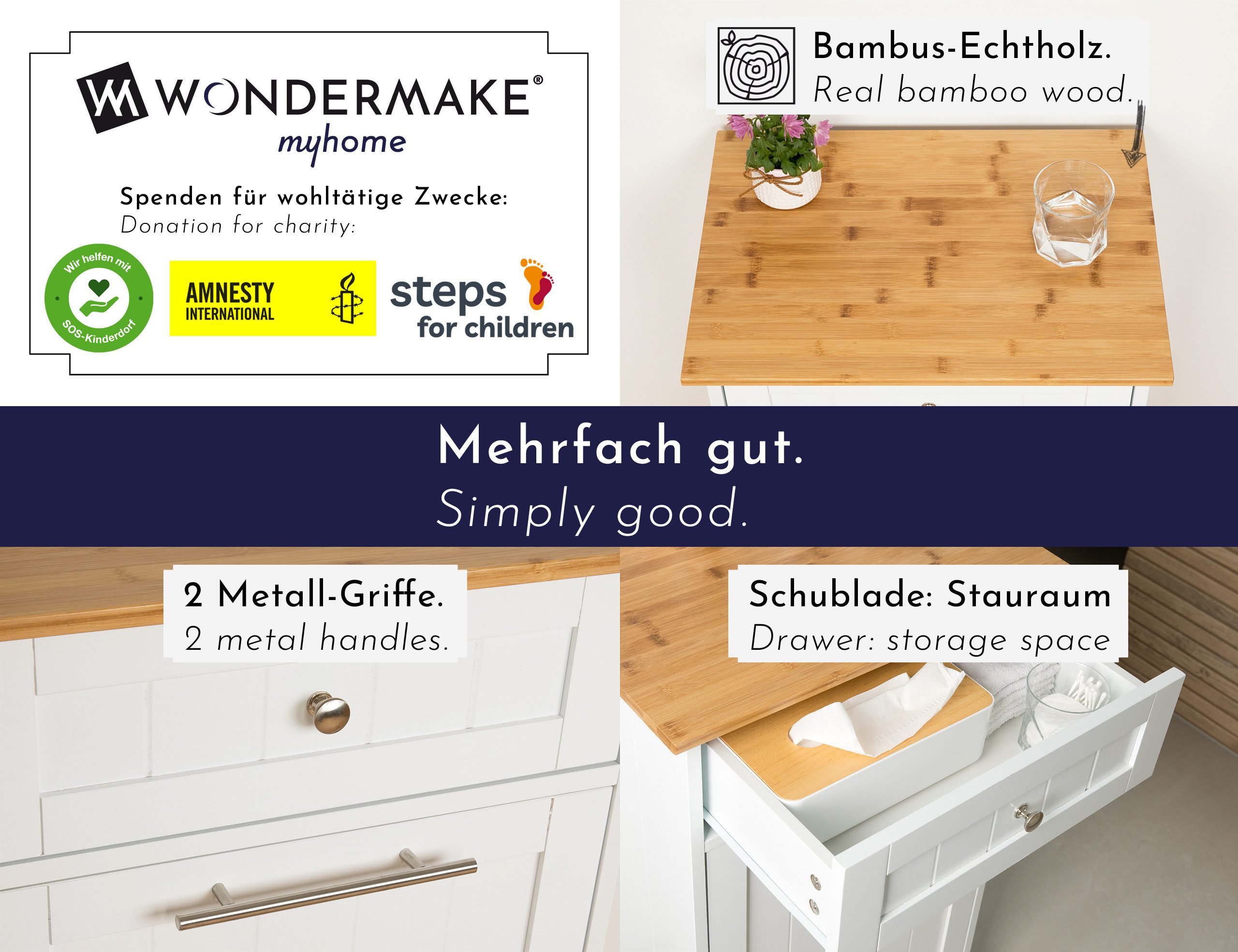 WONDERMAKE Wäschebox Mülleimer-Schrank Wäscheschrank Wäschesammler mit Schublade, Bad Küche, hoch aus Holz + Bambus, Wäschetruhe Abfallschrank ausklappbar klapp – Bild 4 von 5