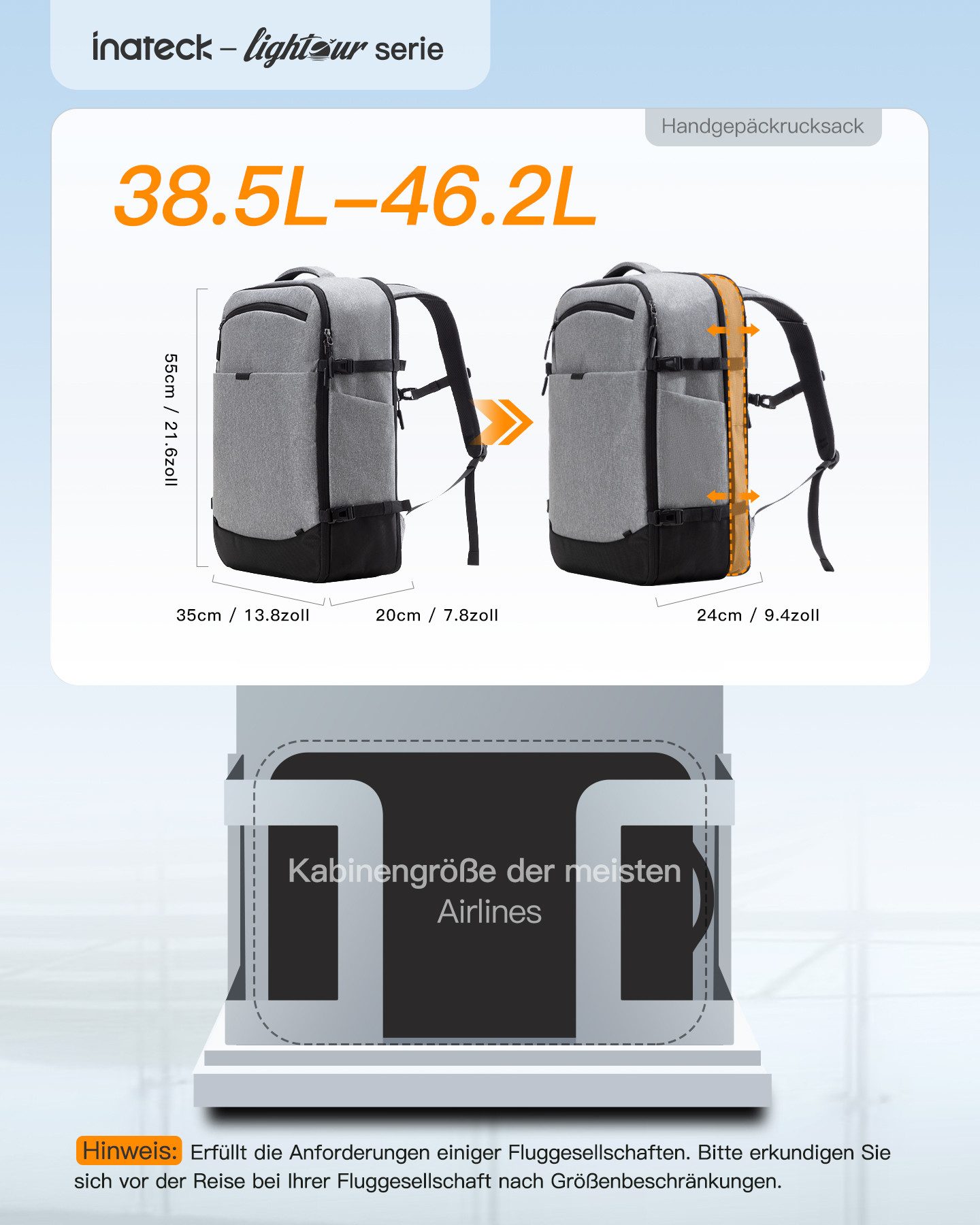 Inateck Reiserucksack 38-46L erweiterbarer Handgepäck Rucksack, wasserdicht