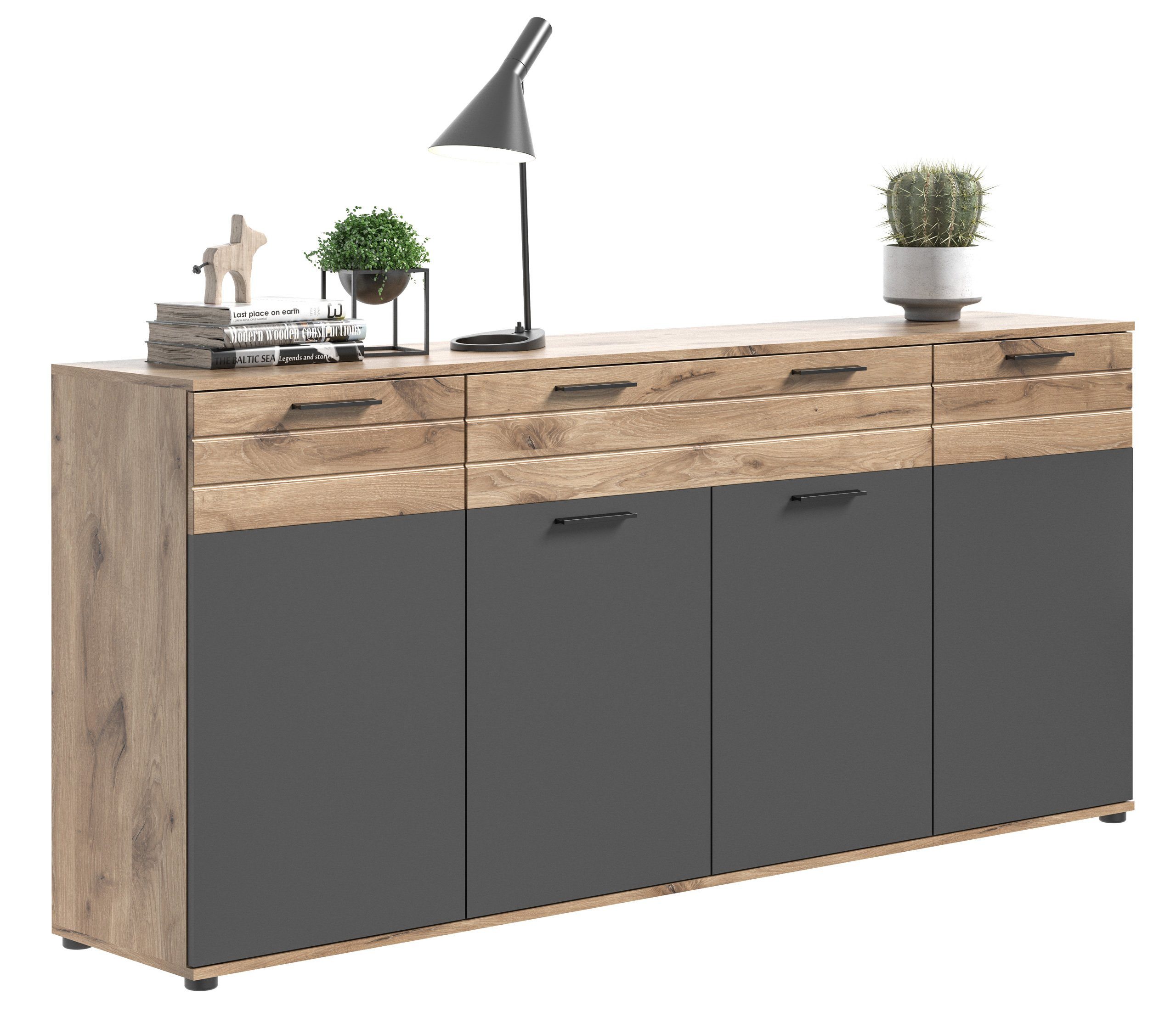 Newroom Sideboard Elera, Sideboard Basalt Grau Eiche Kommode Highboard Industrial Modern Woh...