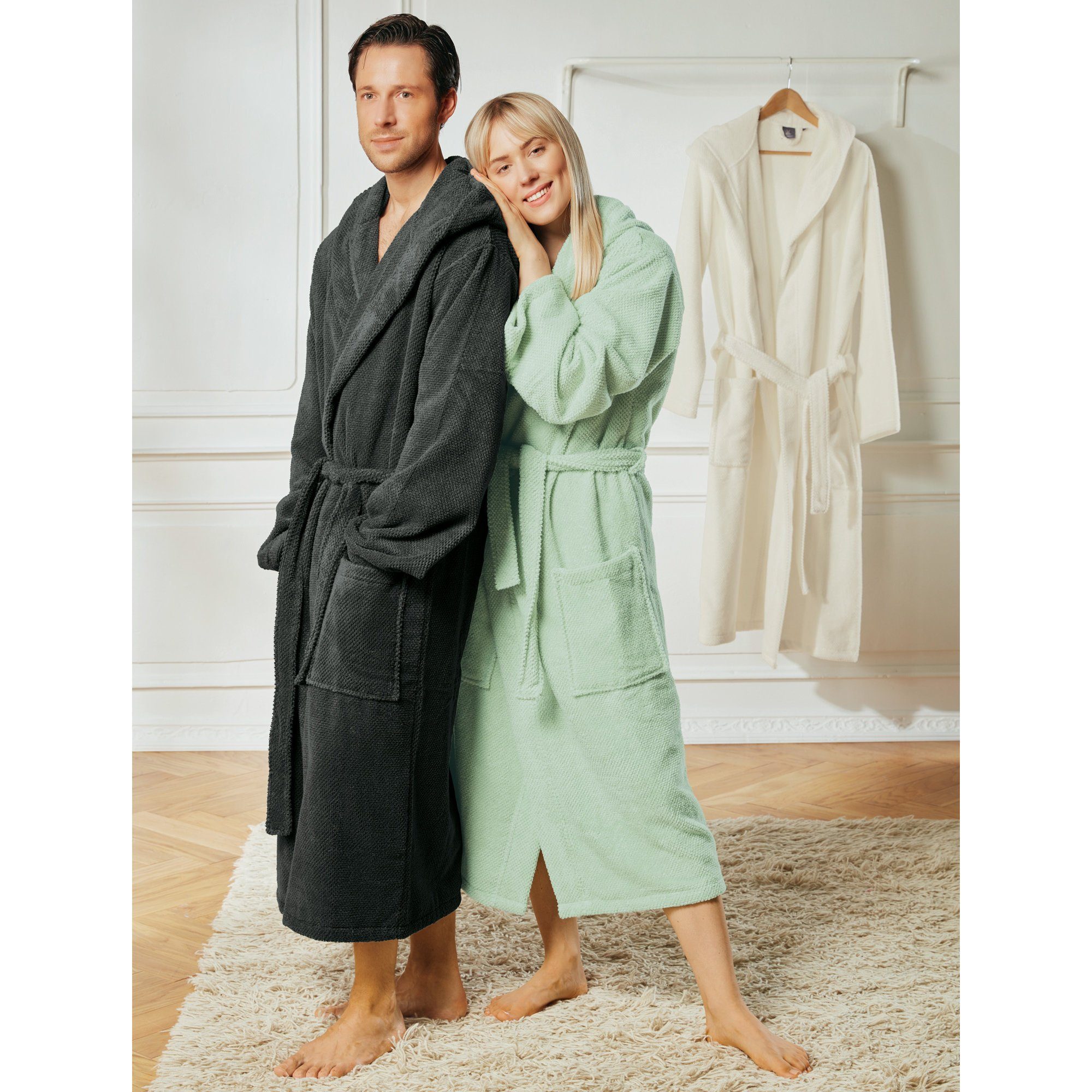 Erwin Müller Bademantel Unisex-Bademantel "Achberg" mit Kapuze, Langform, Frottier, mit Kapuze, default, Walk-Frottier Uni