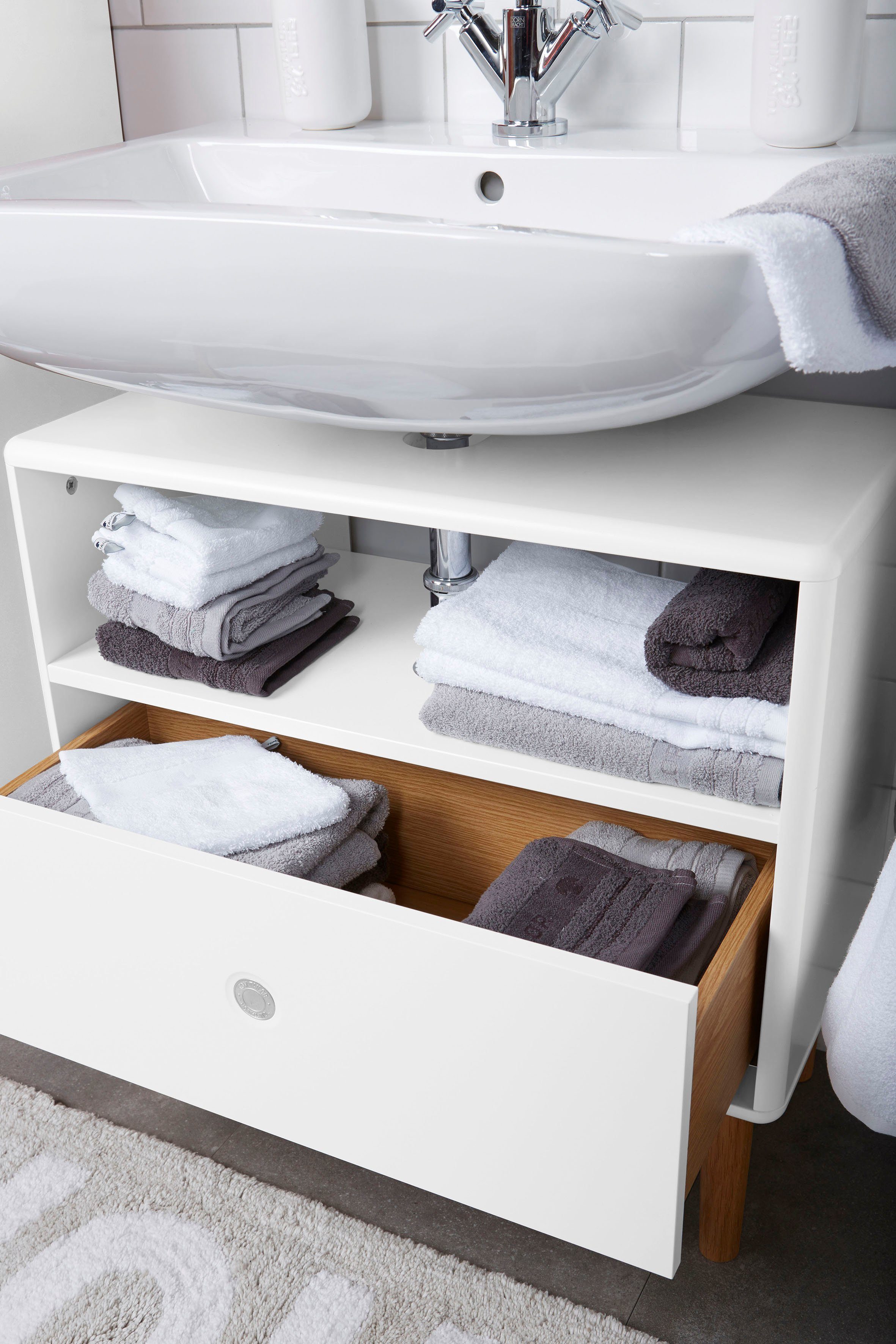 TOM TAILOR HOME Waschbeckenunterschrank COLOR white mit mit 65 mit cm Schublade, Füßen BATH Eiche, brilliant in Push-to-Open, Breite