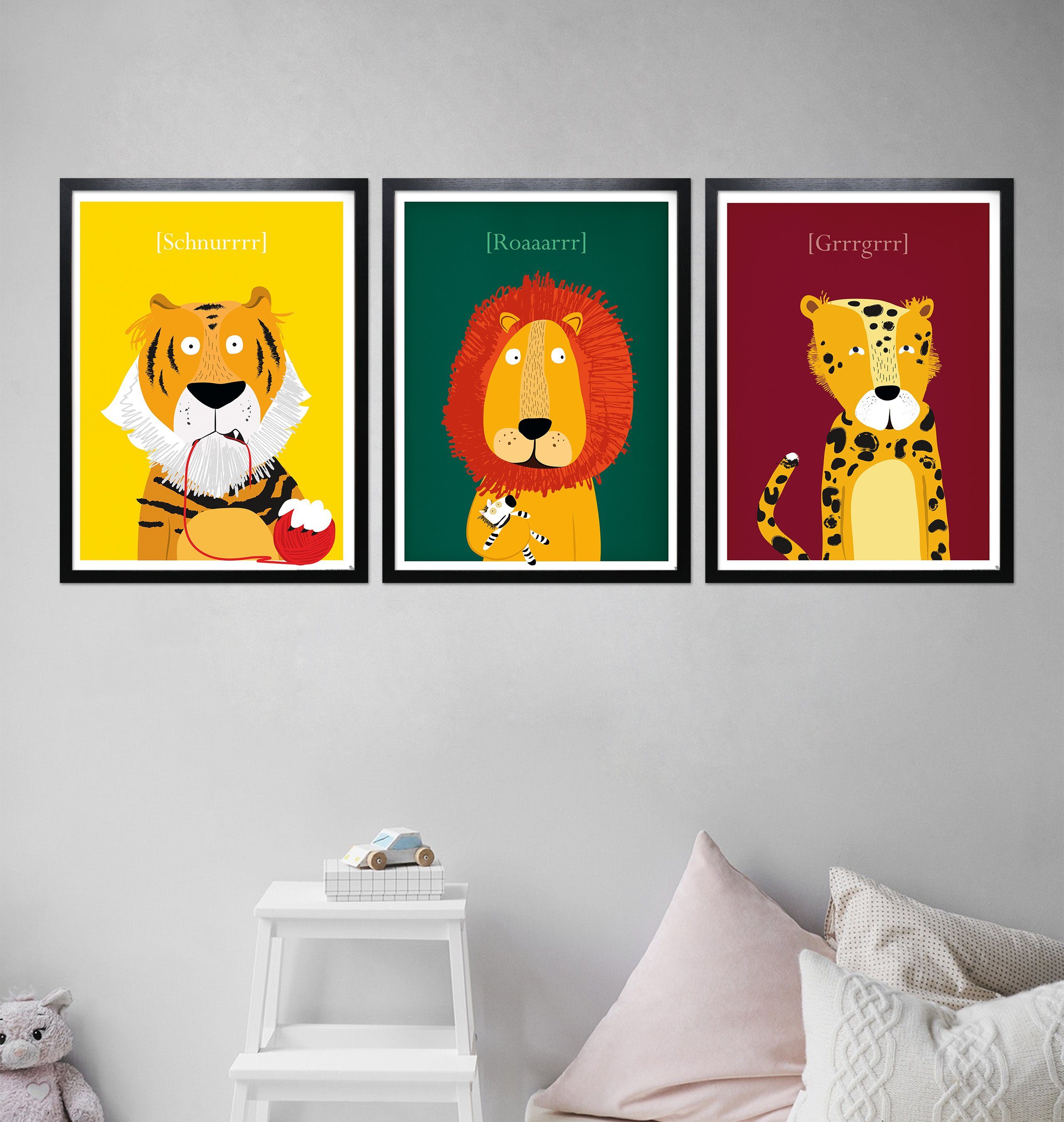 Close Up Poster Kinderzimmer Poster Raubkatzen 3er-Set gerahmt schwarz