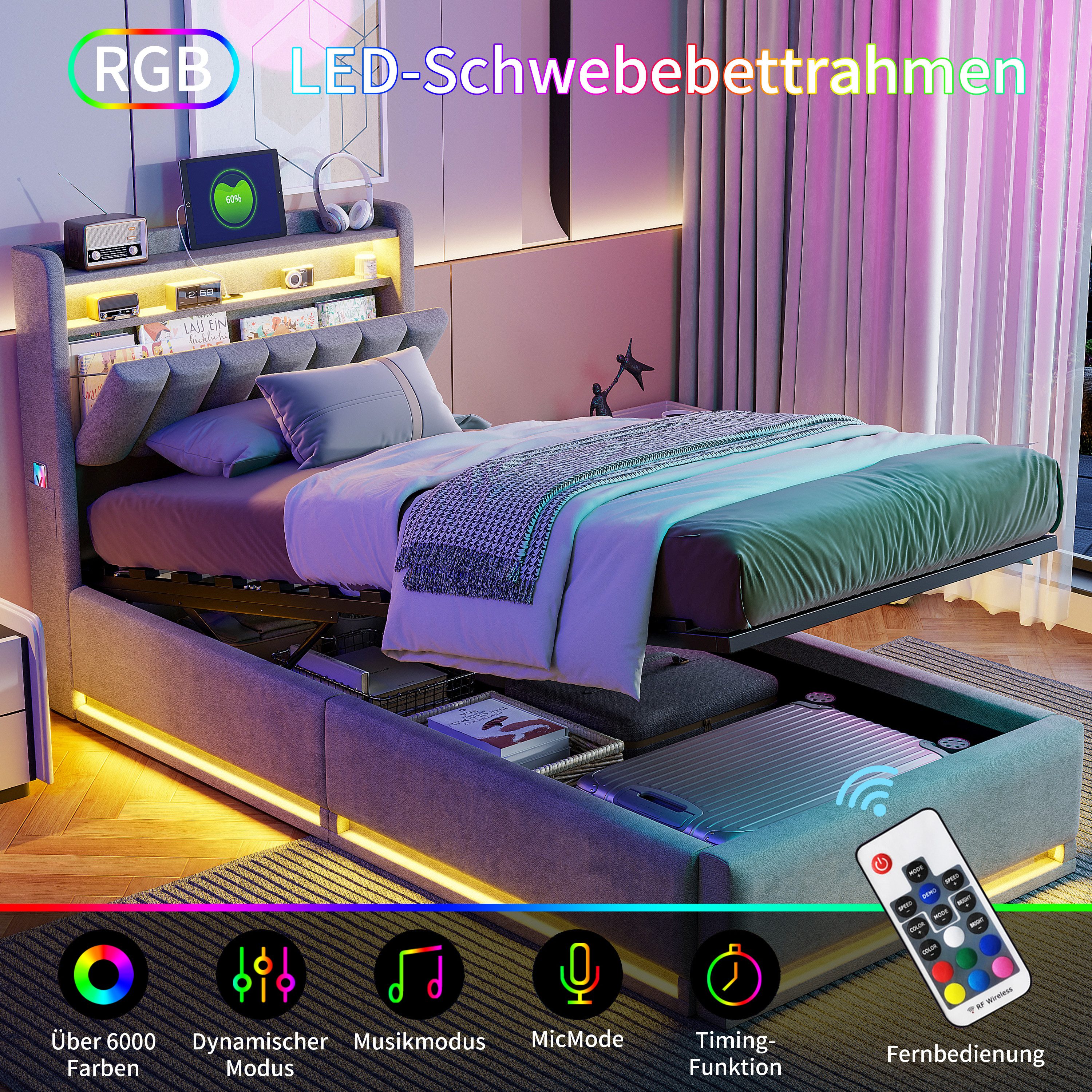 ADWOLT Polsterbett LED Hydraulisches Doppelbett (Set, 1-tlg., ohne Matratz,Ladefunktion, Samt, Grau), 90x200cm Stauraumbett - 95x207x103cm – Bild 5 von 5