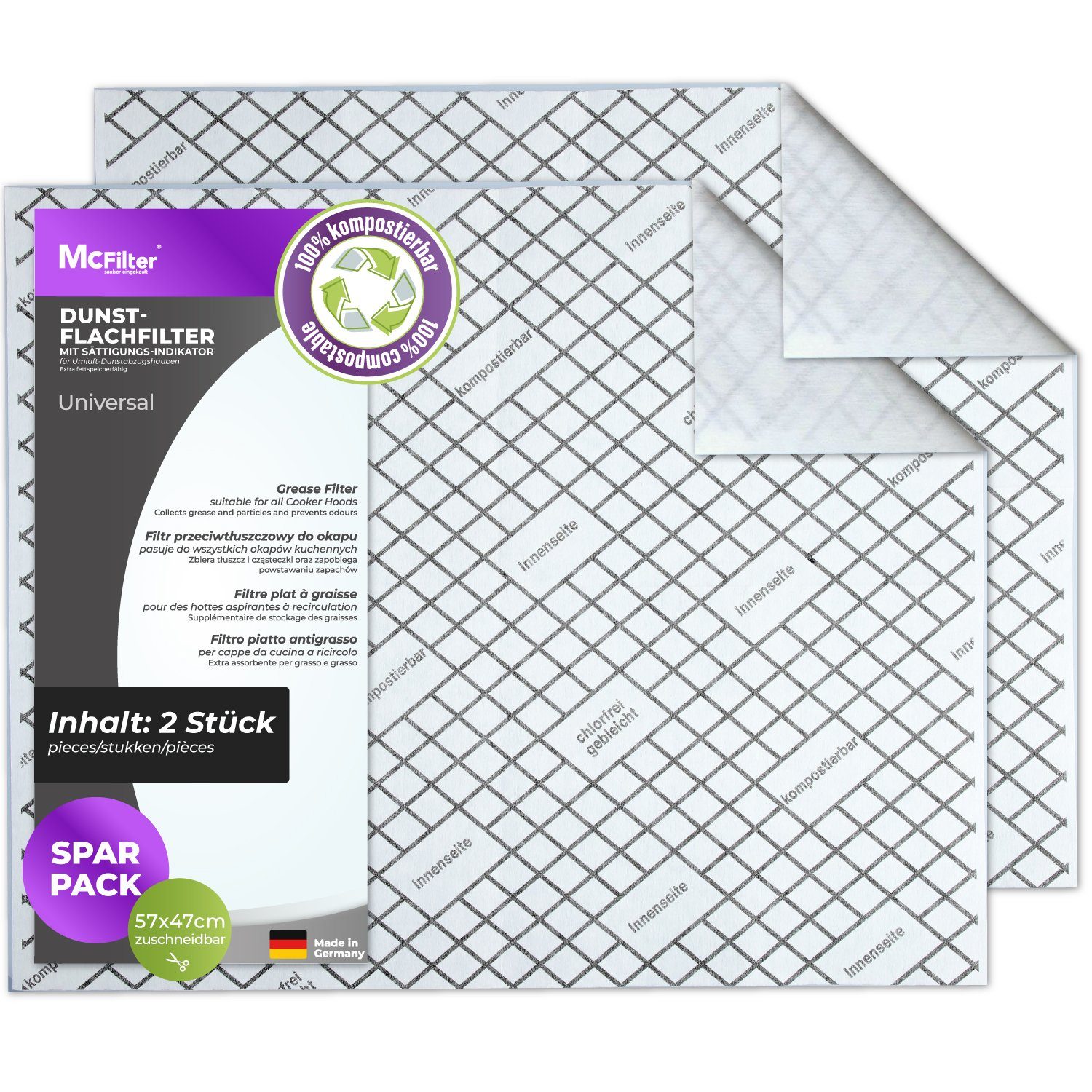 McFilter Fettfilter (2 Stück) Universal Dunstfilter 57 x 47cm mit Sättigungsindikator, Zubehör für alle handelsüblichen Dunstabzugshauben, extra speicherfähig, zuschneidbar, Schwer entflammbar nach DIN 53438