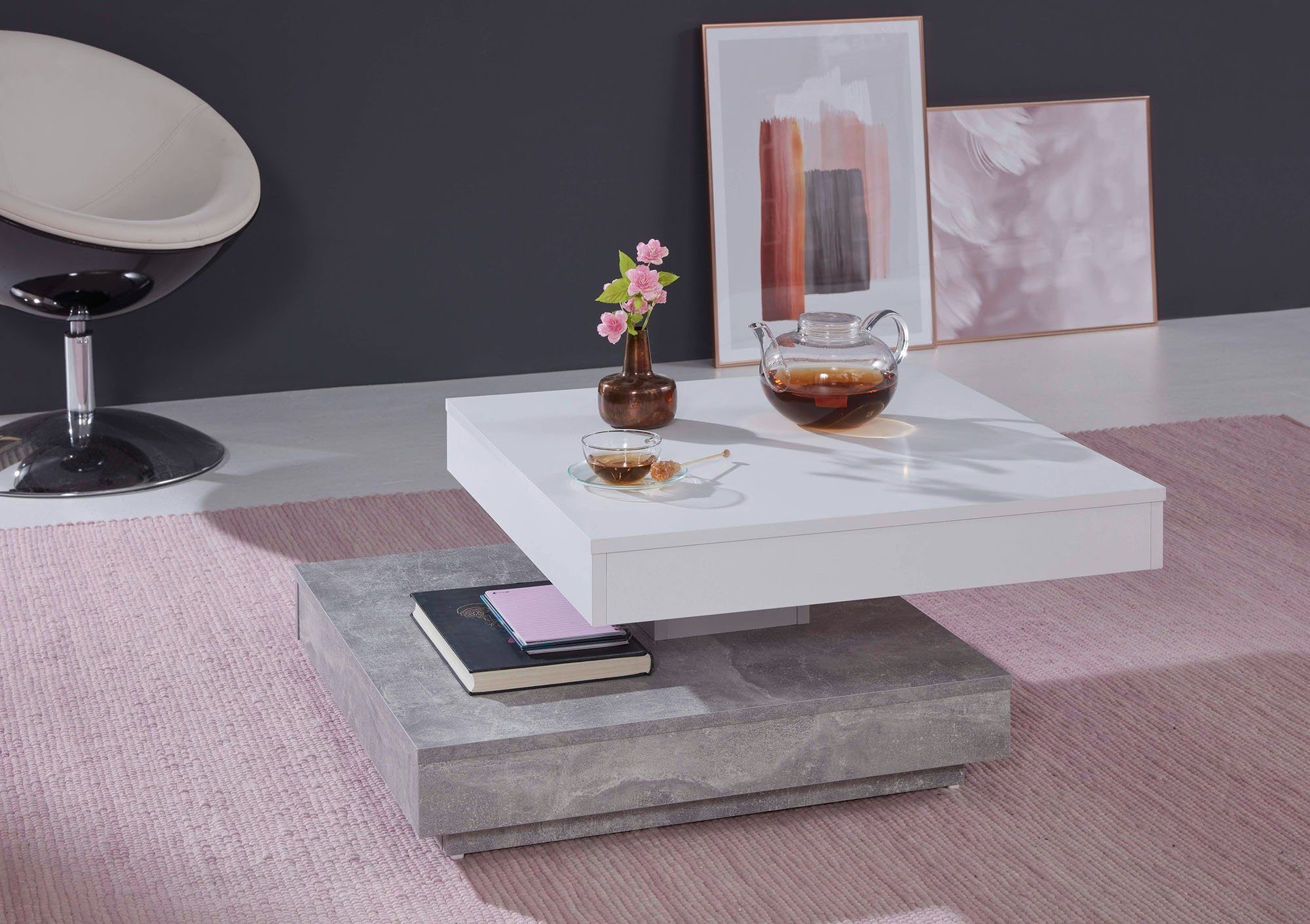 trendteam Couchtisch Malta, Weiß Beton Wohnzimmertisch Modern Landhaus Vintage Sofatisch Wohnzimmer