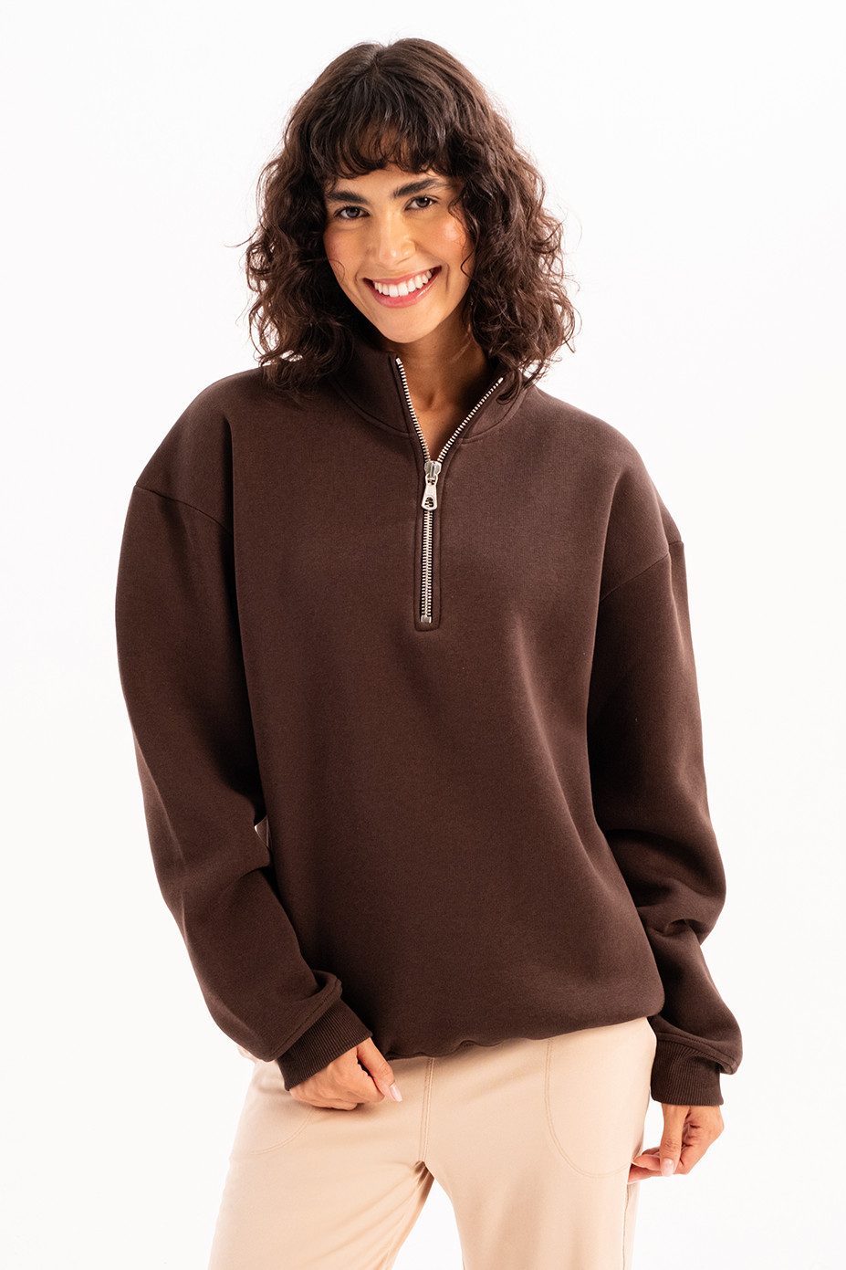 Kapuzensweatshirt Oversize-Fit-Damen-Sweatshirt mit Stehkragen und halbem Reißverschluss