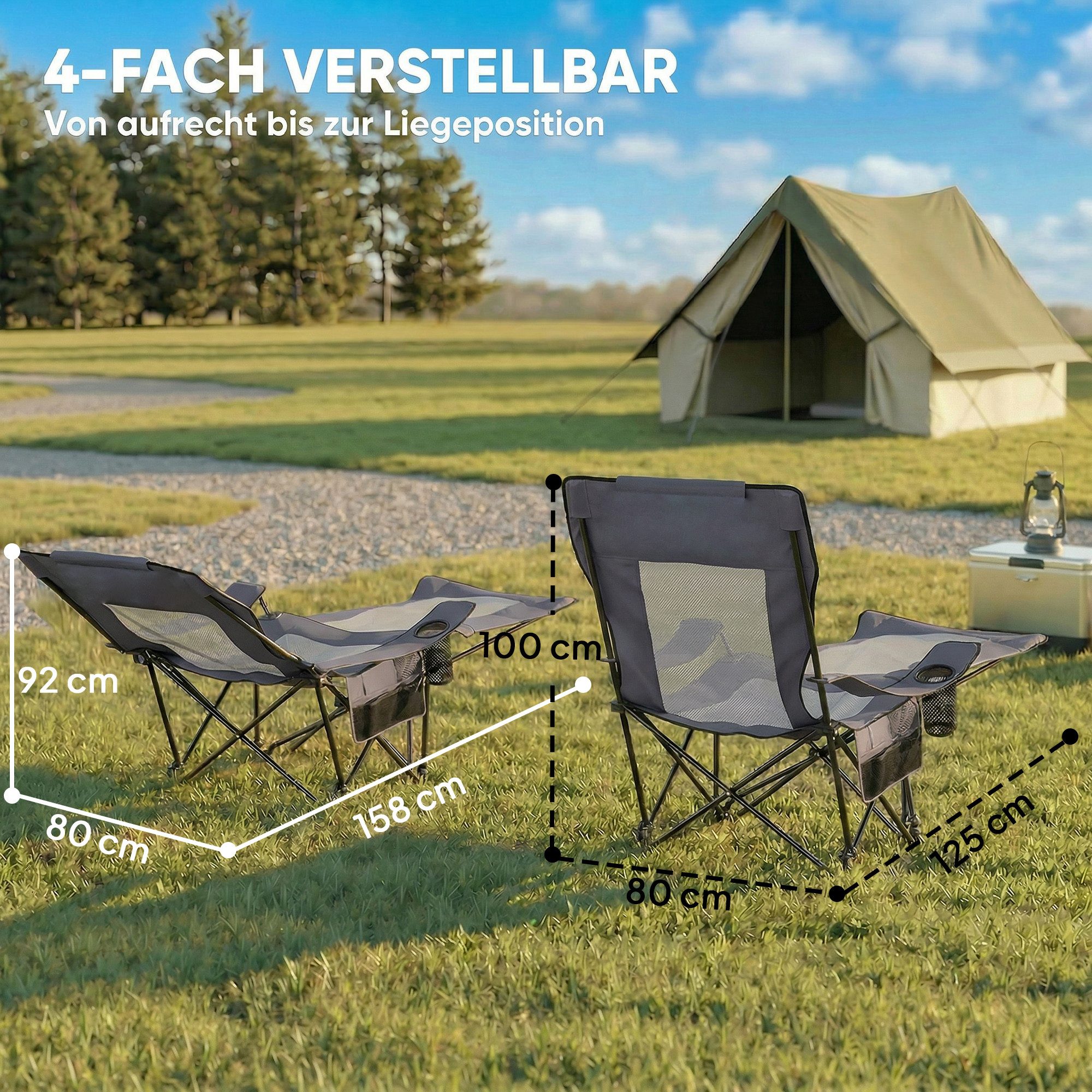 Outsunny Klappstuhl Angelstuhl mit Fußablage Getränkehalter Gartenstuhl (Campingstuhl, 2 St), Liegestuhl bis 120 kg für Erwachsene Dunkelgrau – Bild 5 von 5
