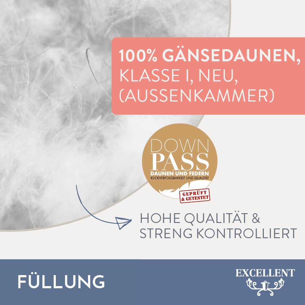 Excellent 3-Kammer-Kopfkissen Venedig, 3-Kammer-Kopfkissen Größenauswahl 40x40-80x80 cm, Füllung: weiße neue Gänsedaunen, Klasse I, 100% Daunen (Außen), weiße neue Gänsefedern, Klasse I, 100% Federn (Innen), Bezug: feiner Daunen-Batist, 100% Baumwolle, Seitenschläfer, Bauchschläfer, Rückenschläfer, 1-tlg. oder 2-tlg. erhältlich, hergestellt in Deutschland