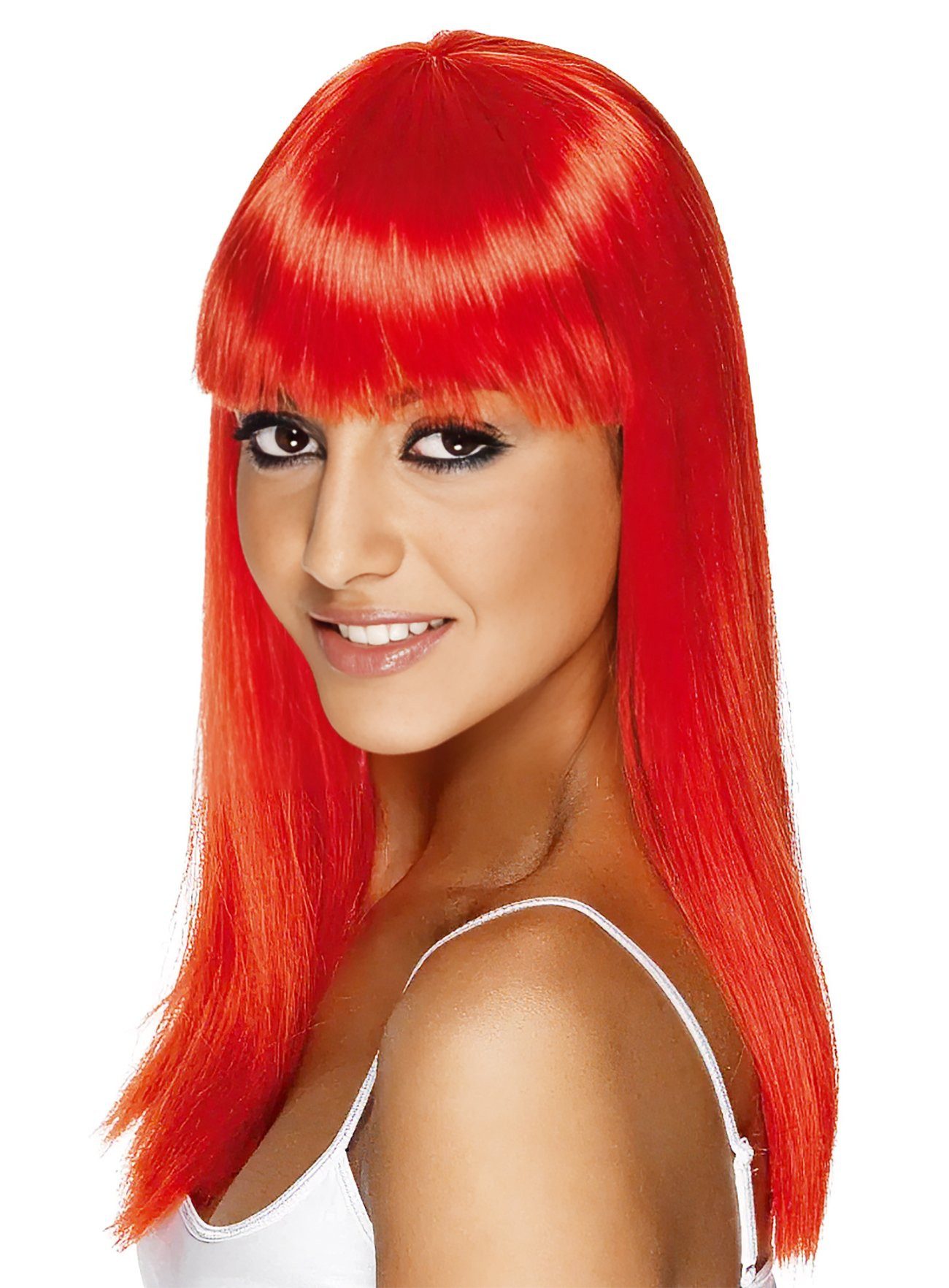 Metamorph Kostüm-Perücke Straight Cut Perücke mit Pony neon-rot, Gerade geschnittenes Kunsthaar in leuchtender Farbe
