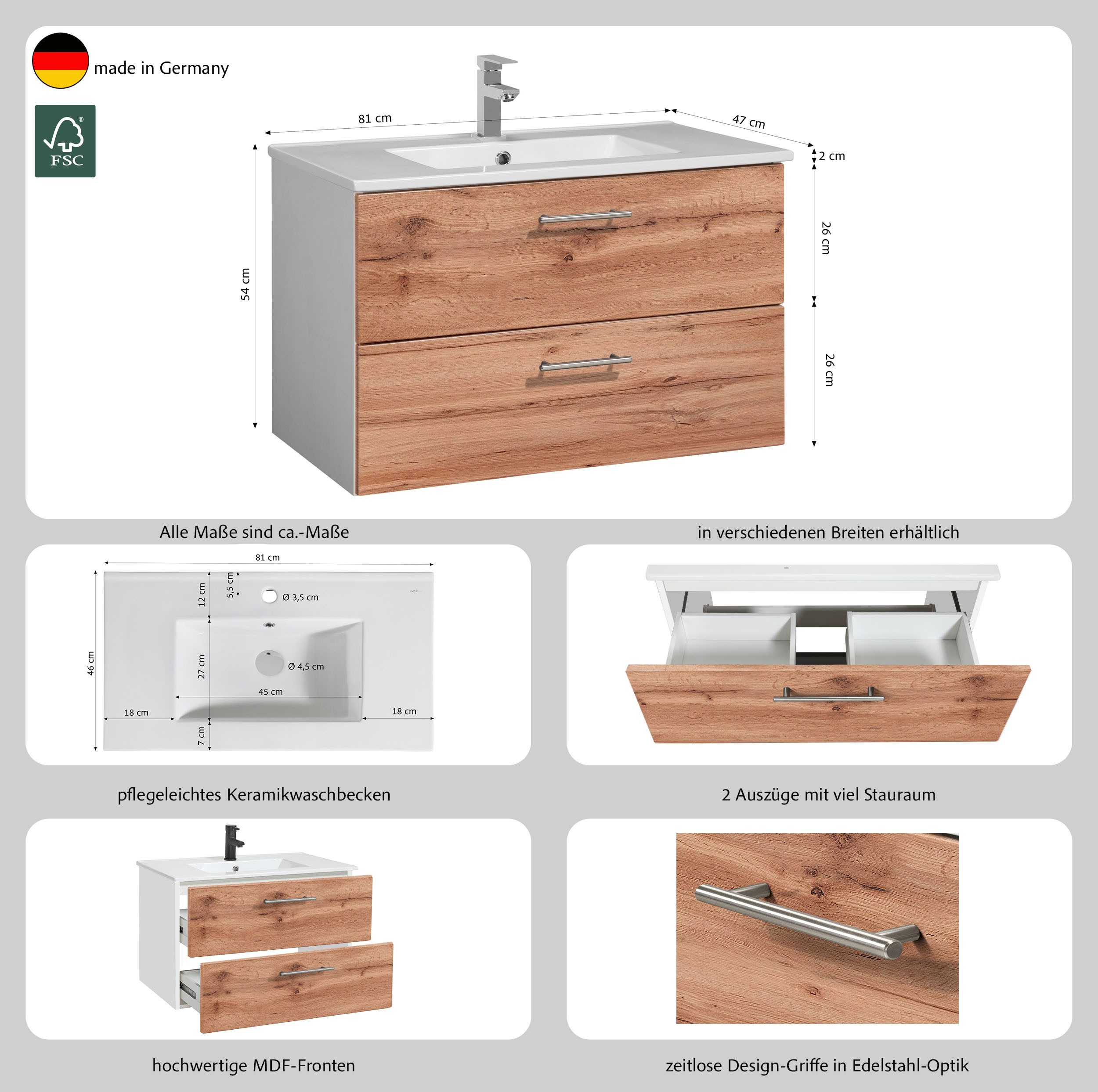 welltime Waschtisch Trento Badezimmerschrank mit Becken, Badmöbel in Breite 80 cm, Waschplatz mit 2 Schubladen, Badschrank