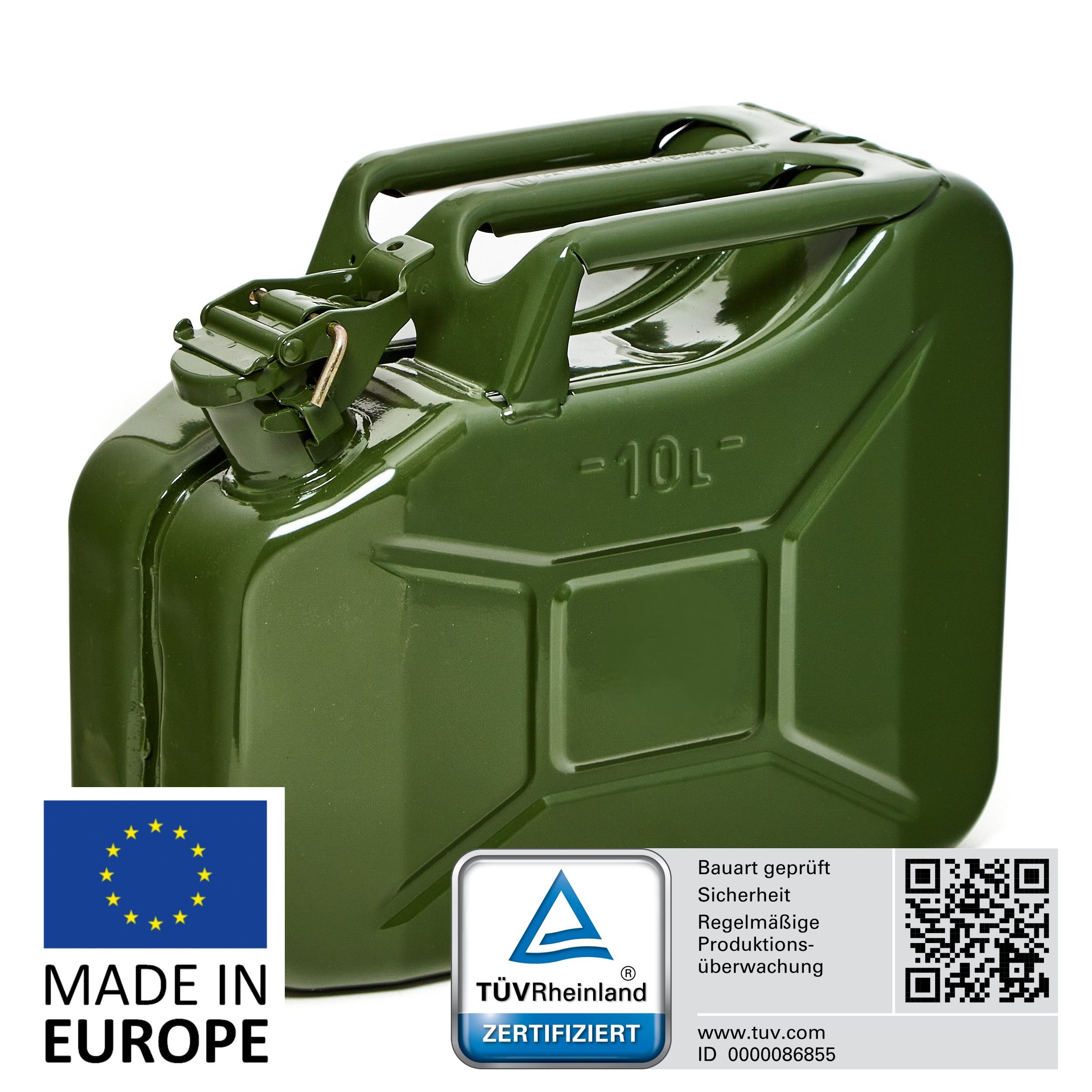 BW Benzinkanister Metall Kraftstoffkanister 10 Liter - Olivgrün - RAL 6003 (nach NATO Standard, Made in Europe), TÜV-geprüft und UN-Zulassung