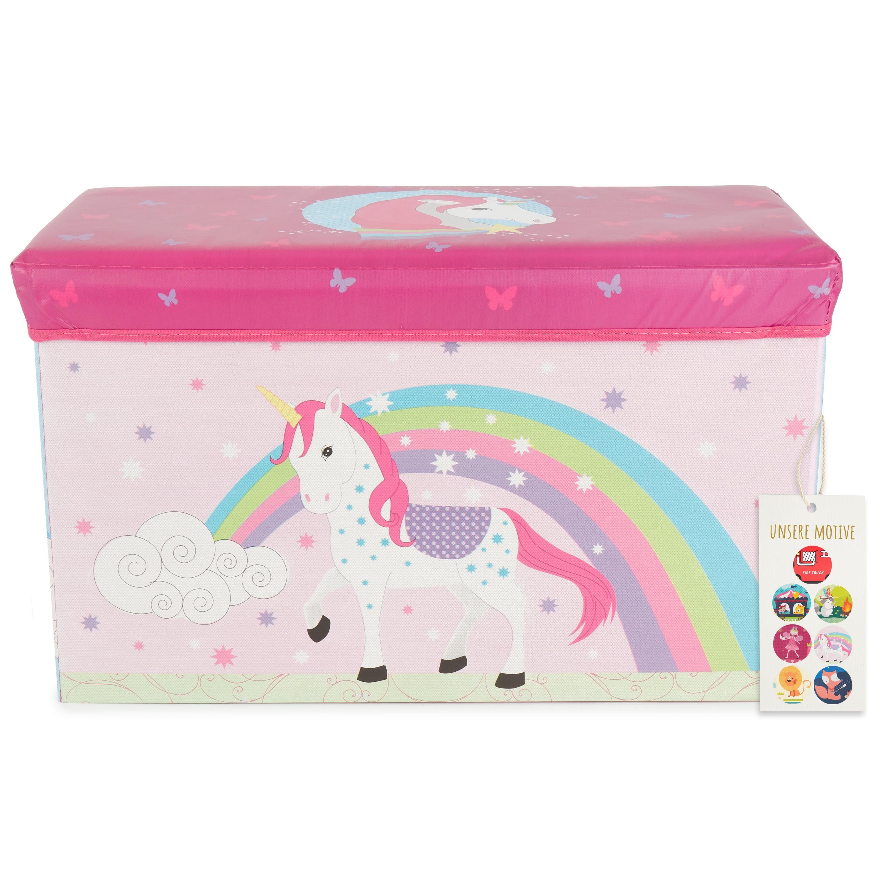 BIECO Spielzeugtruhe Bieco Aufbewahrungsbox mit Deckel Einhorn 60L, faltbar ca. 60x30x35cm Spielzeugkiste mit Deckel Aufbewahrungsbox Kinder Kisten mit Deckel Aufbewahrungsbox Groß Wickeltisch Organizer