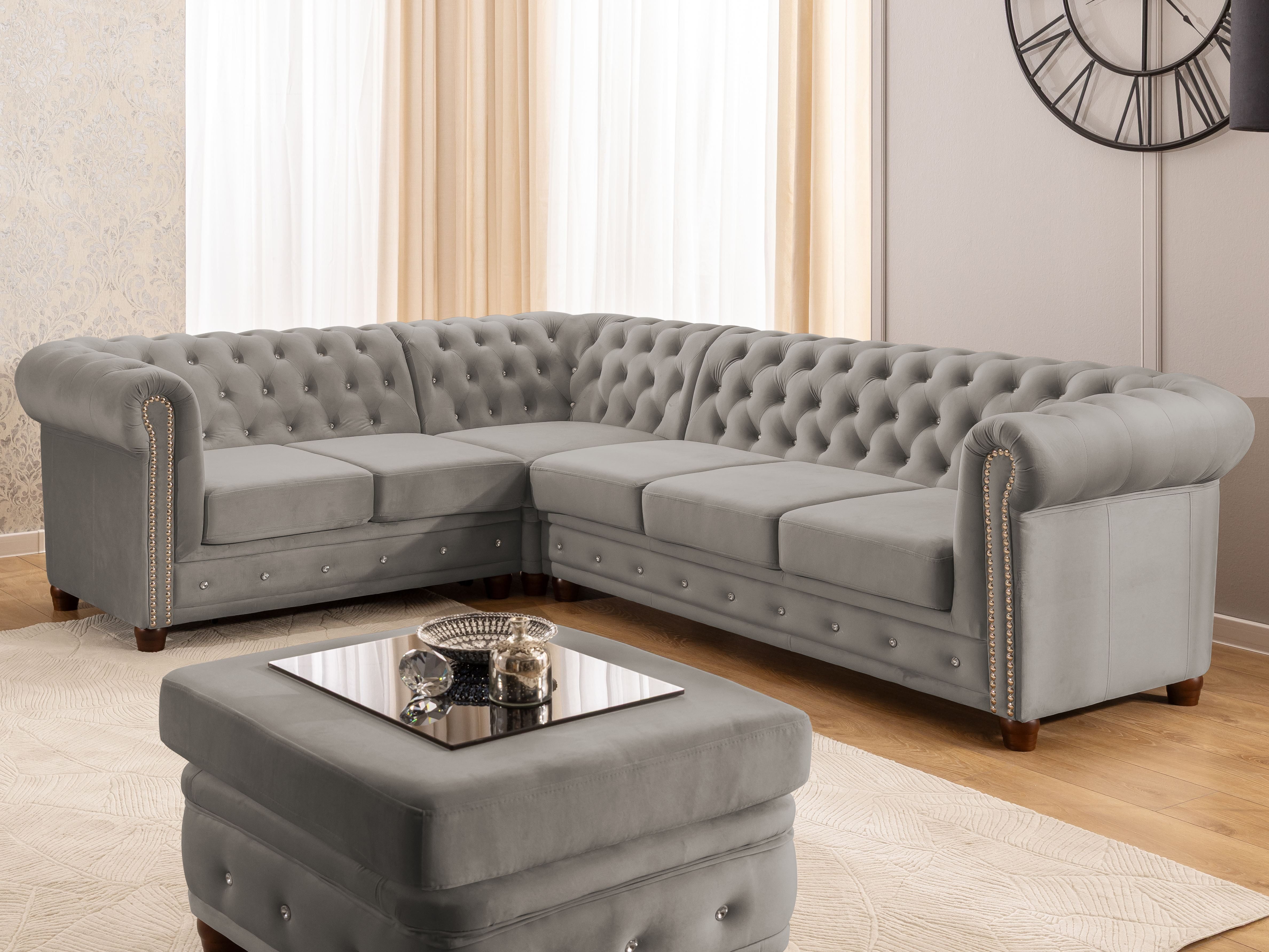 S-Style Möbel Ecksofa Chesterfield mit Schlaffunktion Cleo Blink Samt mit Kristallsteppung, mit Wellenfederung
