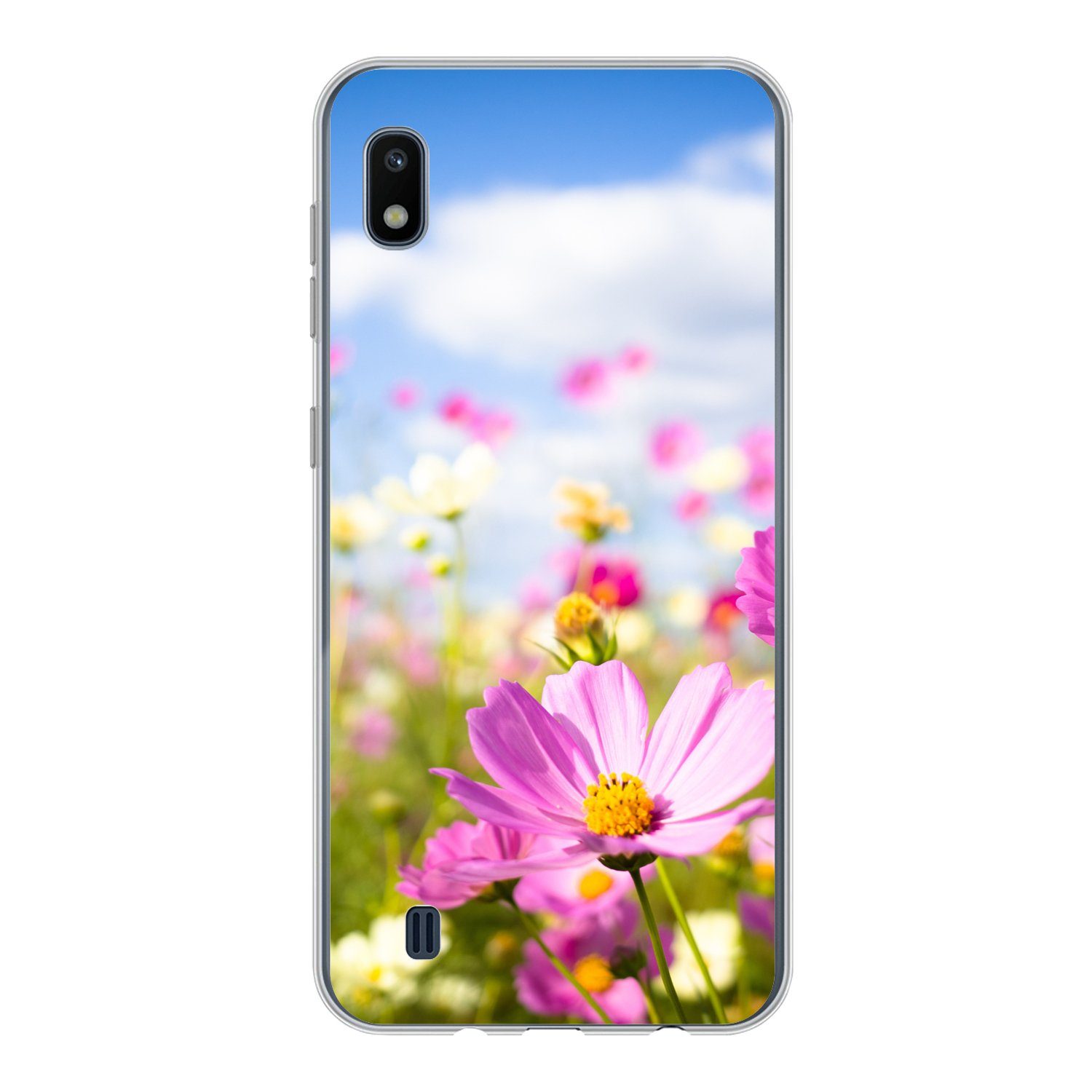 MuchoWow Handyhülle für Samsung Galaxy A10 Blumen - Wiese - Lila - Gras - Weiß - Wolken -, Smartphone-Bumper, Print, Handy Schutzhülle Dünn